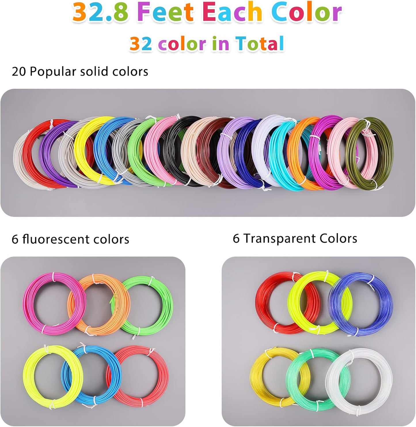FIROS 3D Pen Filament Refills, 32 Colors 3D Pen PLA Filament, Each Color 32.8 Feet, Total 1050 feet 3D Printing Pen PLA Filament, Compatible with SCRIB3D MYNT3D 3D Pen, Not Suitable for 3Doodler