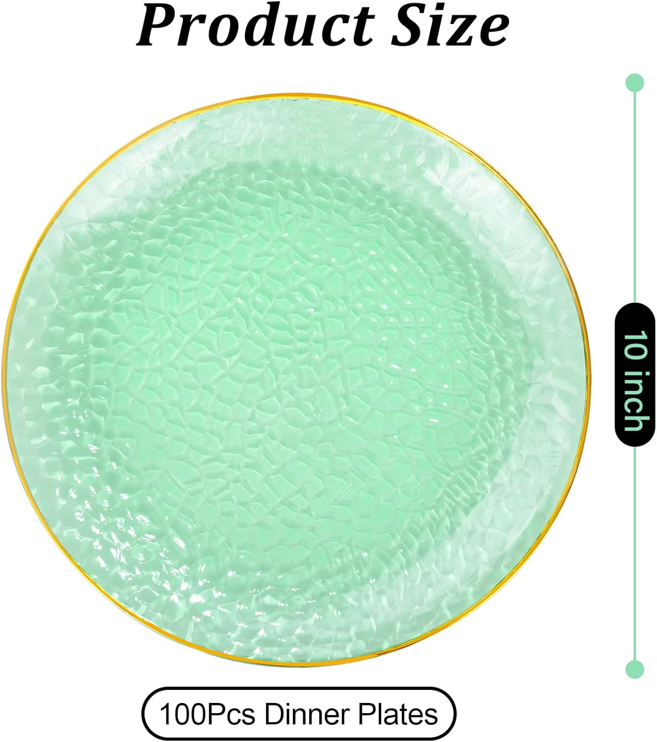 Rubtlamp 100 Pcs Green And Gold Plastic Plates - 10 inch Clear Green Gold Dinner Plates - Hammer Pattern Design - Fancy Disposable Platos - Heavy-Duty Party Platos Ideal for Wedding