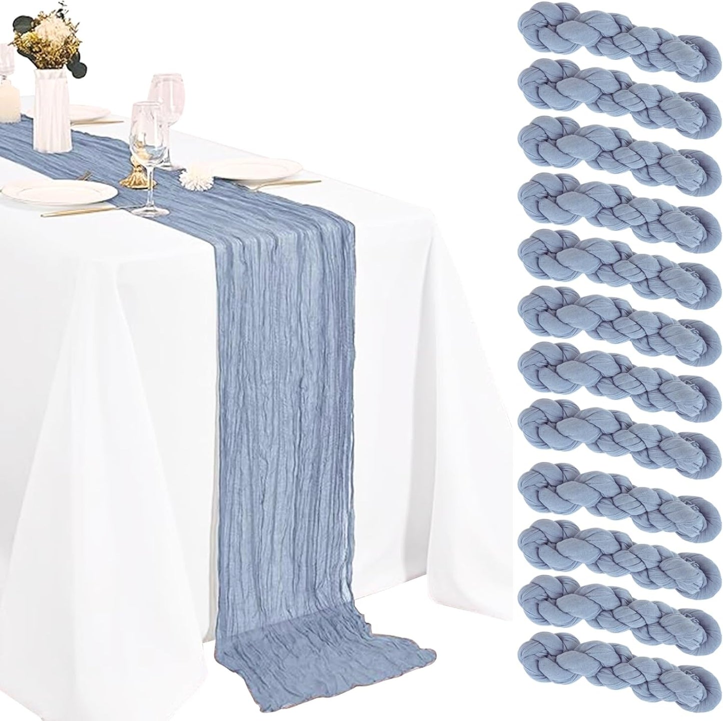 12 Pack Dusty Blue Cheesecloth Table Runner 20 x 120 inch Gauze 10FT Semi Sheer Boho Fabric Cheese Cloth Table Runner for Wedding Party Birthday Baby Bridal Shower