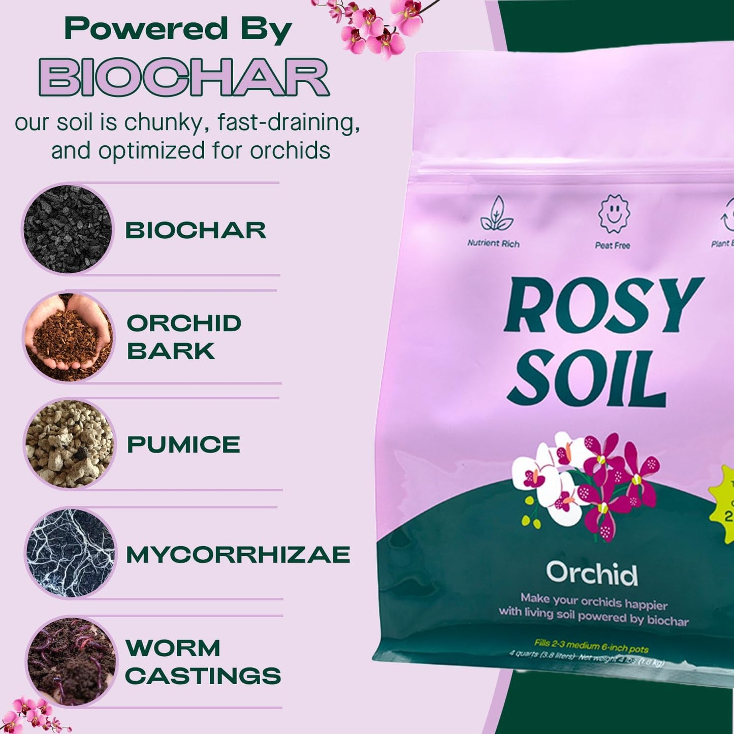 Rosy Soil Orchid Soil Potting Mix - Superior Aeration & Drainage for Orchids - Peat-Free, Microbially Active Biochar Powered Soil for Orchid Plants - Ideal for Indoor Gardening - 4 Quarts