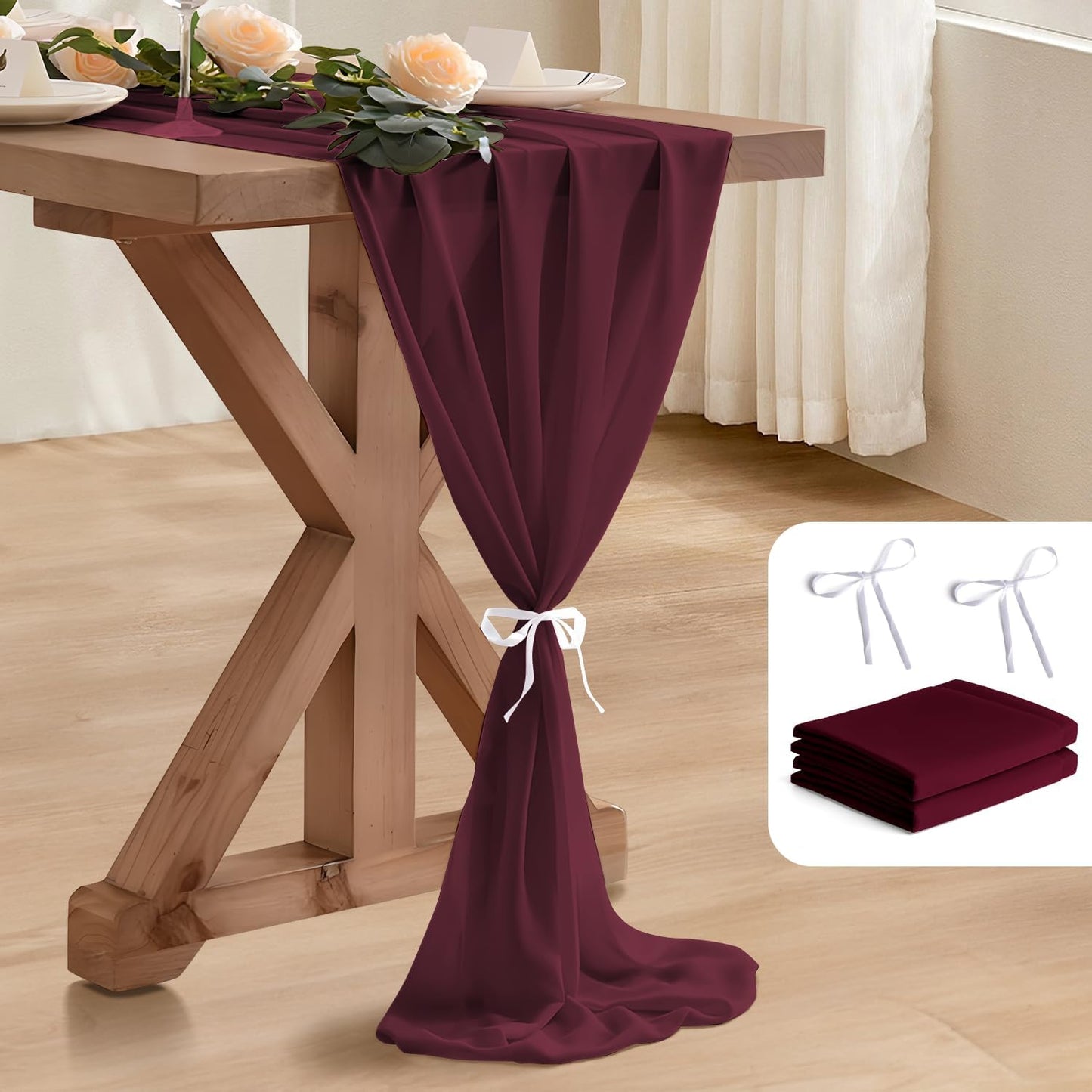 2 Pack 10 Ft Chiffon Table Runner Burgundy Gauze Long Table Runners 27x120 Inches Sheer Tulle Table Runner for Rustic Wedding Reception Bridal Shower Decorations Birthday Party