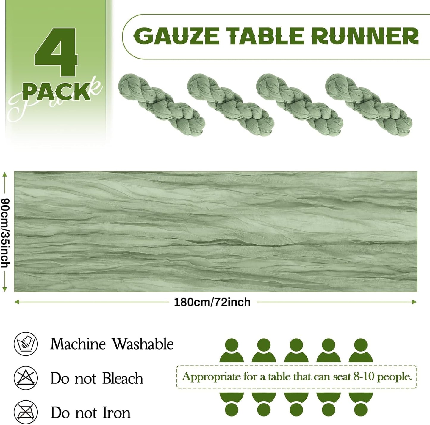 Aktor 4 Pack Sage Green Table Runner Boho Cheesecloth Table Runner Semi Sheer Gauze Fabric Runners for Wedding Birthday Baby Shower Party Boho Table Decoration（Sage Green）