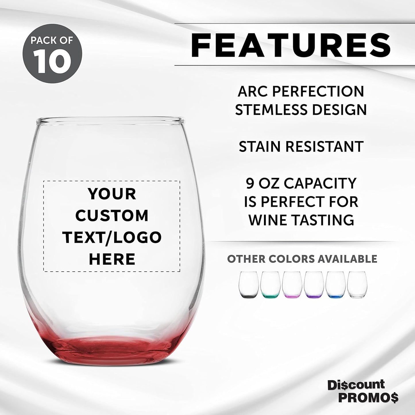 Custom Stemless Wine Glass 9 oz. Set of 10, Personalized Bulk Pack - Great for Wedding Favors, Bachelorette Party Decorations, Party Favors, Color Bottom - Red