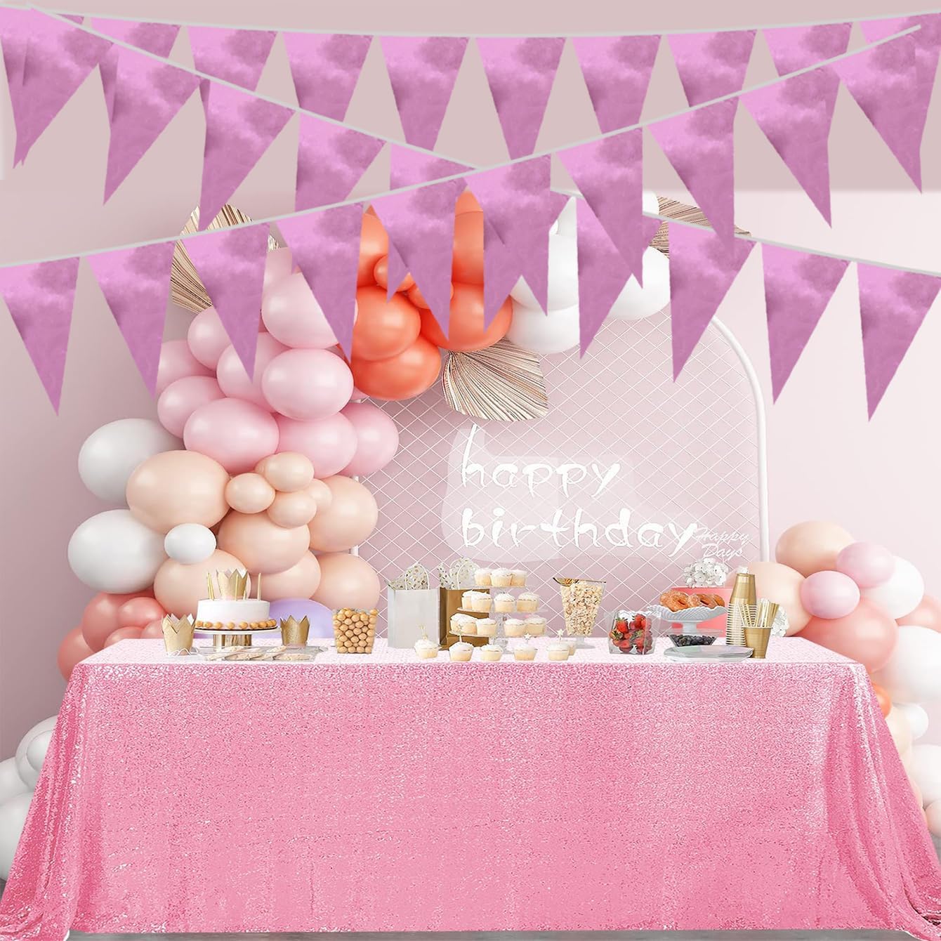 20M/65FT Pink Triangle Pennant Banner Flag Metallic Fabric Bunting Garland for Christmas Graduation Wedding Engagement Anniversary Bachelorette Birthday Bridal Shower Valentines Hen Party Supplies