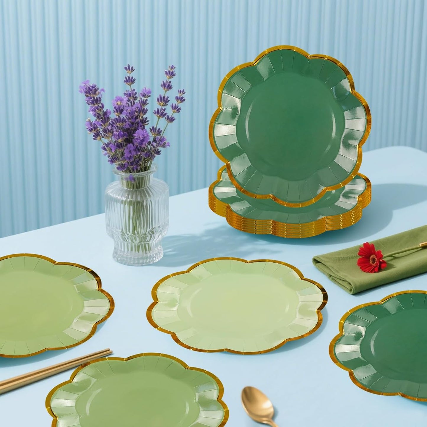 48Pcs Sage Green Scalloped Party Plates - 7inch Gold Foil Gradient Green Dessert Paper Plate Disposable Cake Plates for Birthday Bridal Baby Shower Wedding Party Decorative Supplies