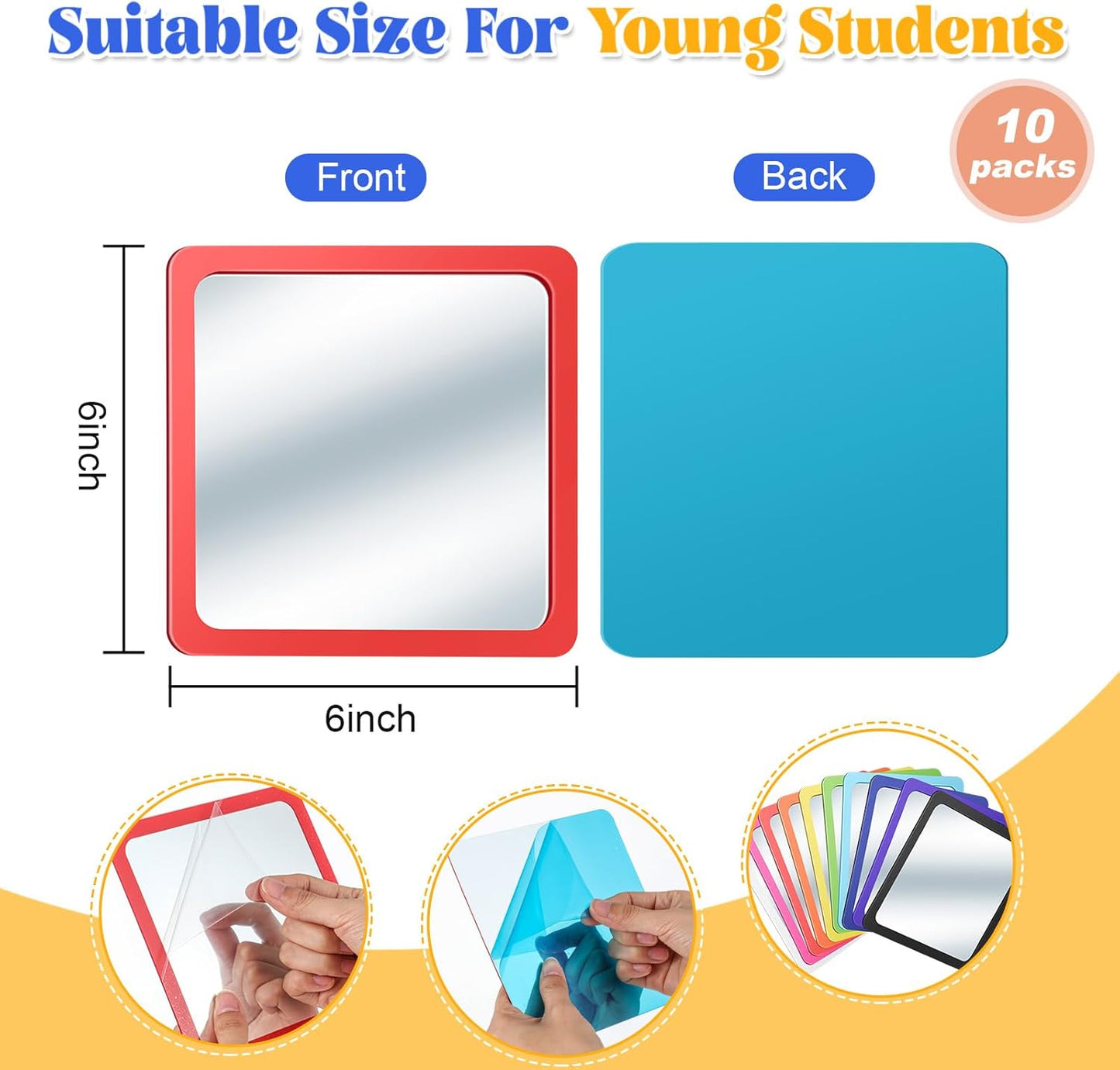 Dandat 10 Pcs Small Mirrors for Kids 6 x 6 Inch Square Shatter Proof Reflector Toddler Glass Plastic Reflector for Classroom DIY Craft Preschool Facial Expression (Rainbow Colors)
