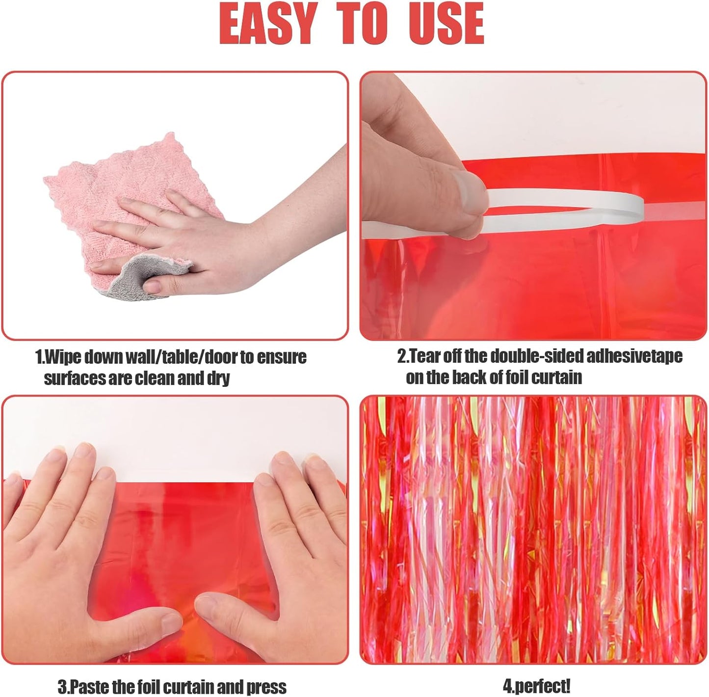 CANREVEL 2 Pack 3.2x6.5 Feet Iridescent Foil Fringe Backdrop Curtains, Clear Red Tinsel Photo Booth Props Streamers Party Decorations for Birthdays Christmas Valentines Day Party