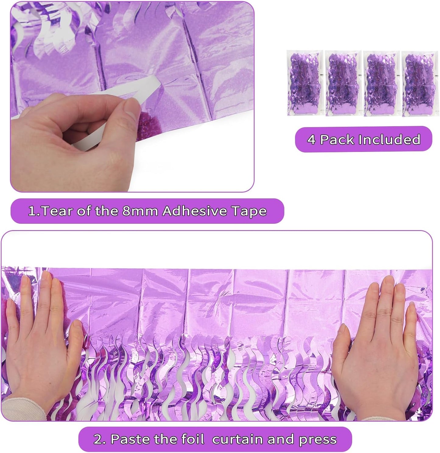 4 Pack Sparkle Wavy Purple Tinsel Curtain Party Backdrop - 3.3X6.6ft Foil Fringe Curtain Party Photo Booth Streamers for Mermaid Euphoria Themed Decorations
