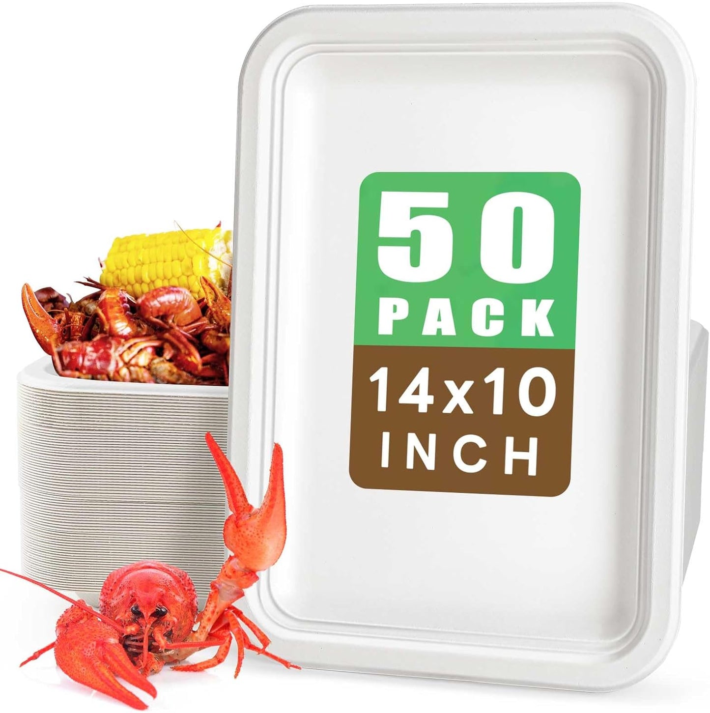 Gezond 50 Pack 14 Inch Disposable Food Trays Eco-friendly Heavy-Duty Large Paper Plates Compostable Sugarcane Platters for Crawfish, BBQ, Seafood Boil Party Supplies White