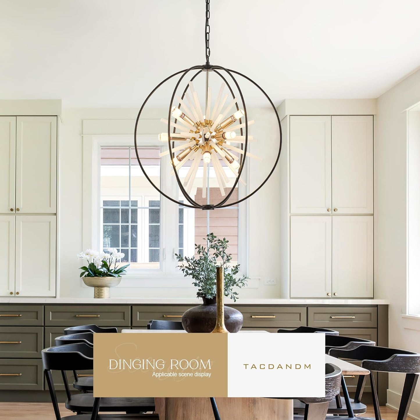 23.6" Black Gold 12-Light Globe Sputnik Chandelier Modern Adjustable Hanging Ceiling Glass Tube Pendant Light Fixture for Entryway Foyer Staircase Dining Living Room Hallway