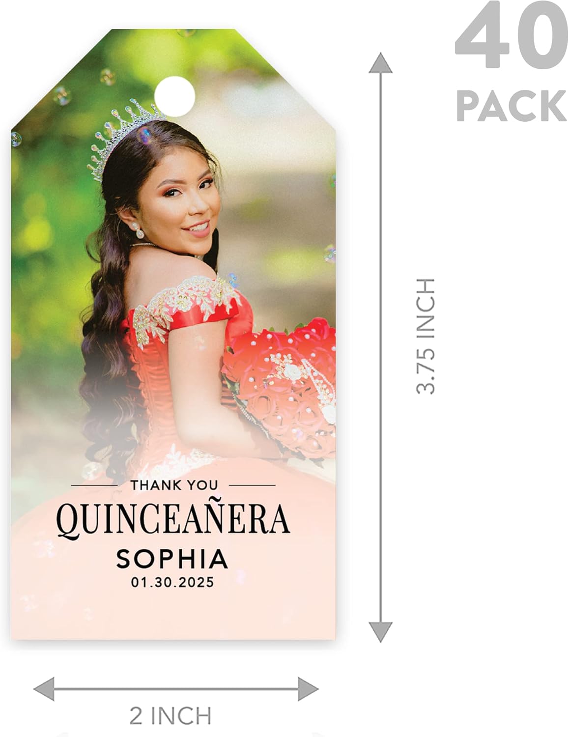 Andaz Press 40-Pack Personalized Quinceañera Favor Tags with String, Classic Thank You Gift Tags with Custom Photo for Quince Años, XV, 15th Birthday, Favor Gifts, Quinceanera Decorations
