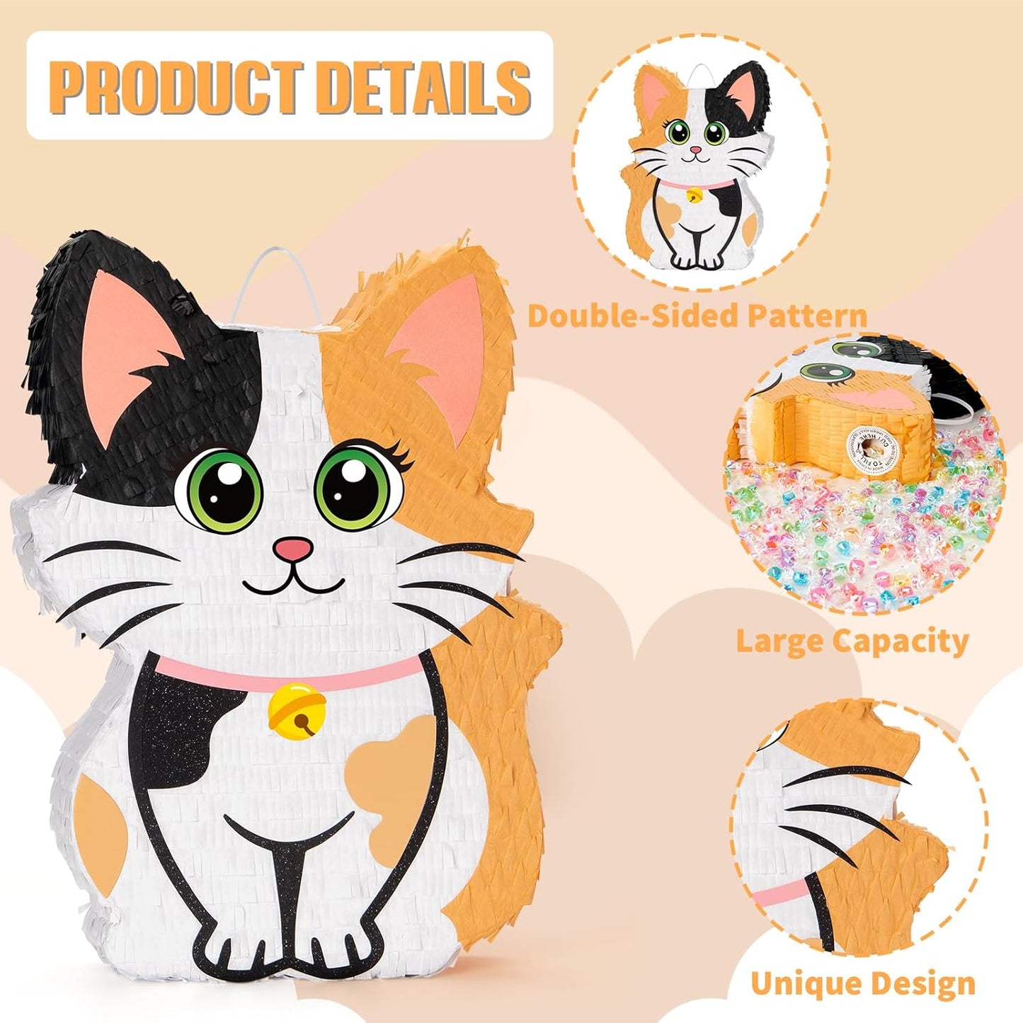 Wernnsai Kitten Cat Piñata - Cat Kitten Decorations For Kids Girls Birthday Cute Animal Party Game For Cat Lady KittenParty Supplies Favor With Bat Blindfold 16“ x 12.5" x 3"