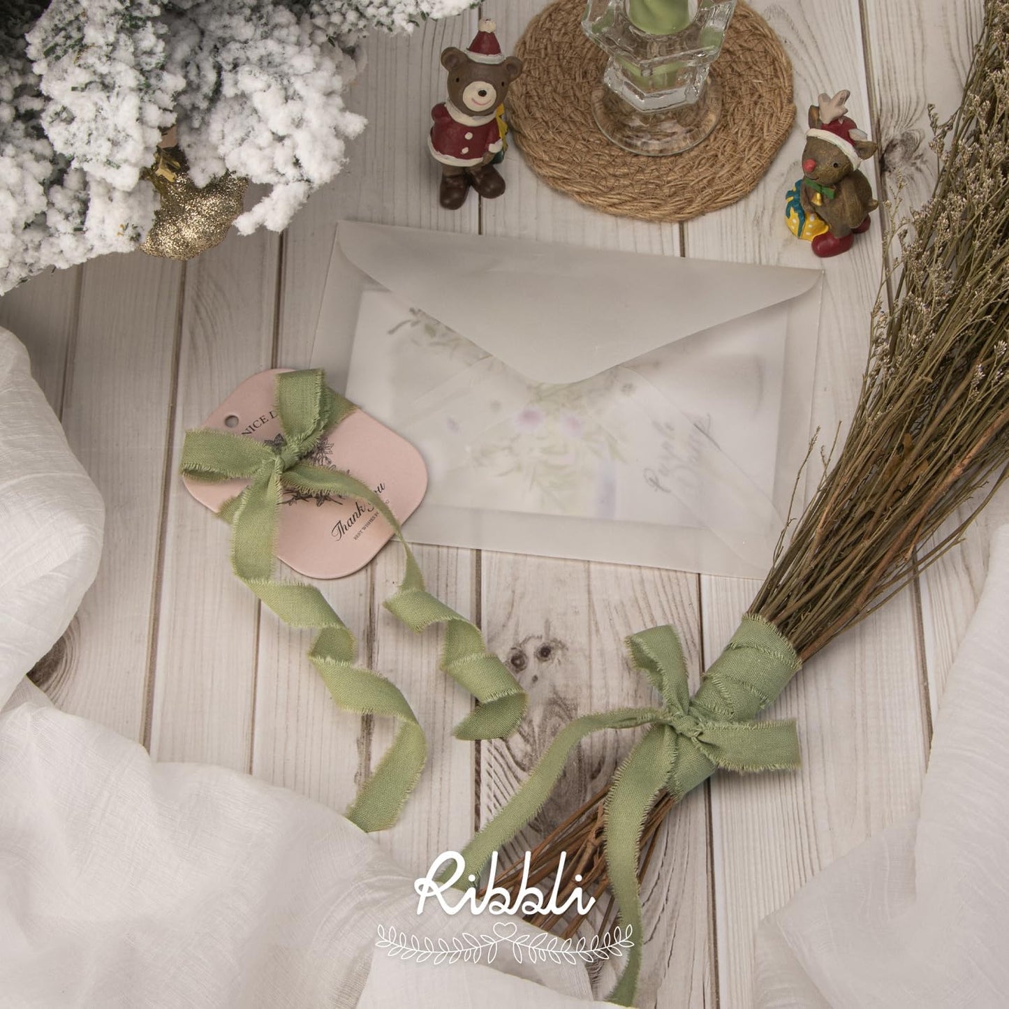 Ribbli 3 Rolls Sage Green Ribbon 5/8 Inch x 18Yards Handmade Cotton Frayed Fringe Ribbons for Gift Wrapping Wedding Invites Bridal Bouquets Baby Shower DIY Crafts Home Decor