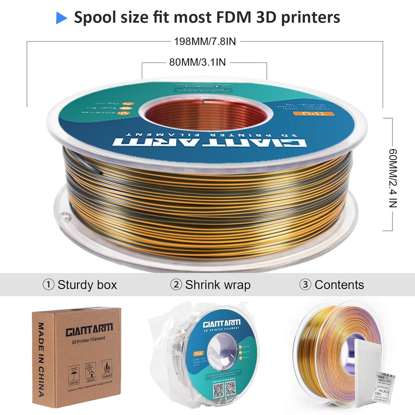 GIANTARM Silk PLA 3D Printer Filament, Tri-Color 3D Printing PLA Filament 1.75mm, Shiny Silk PLA, Dimensional Accuracy +/- 0.03 mm, 1kg/2.2lbs (Purple+Gold+Black)