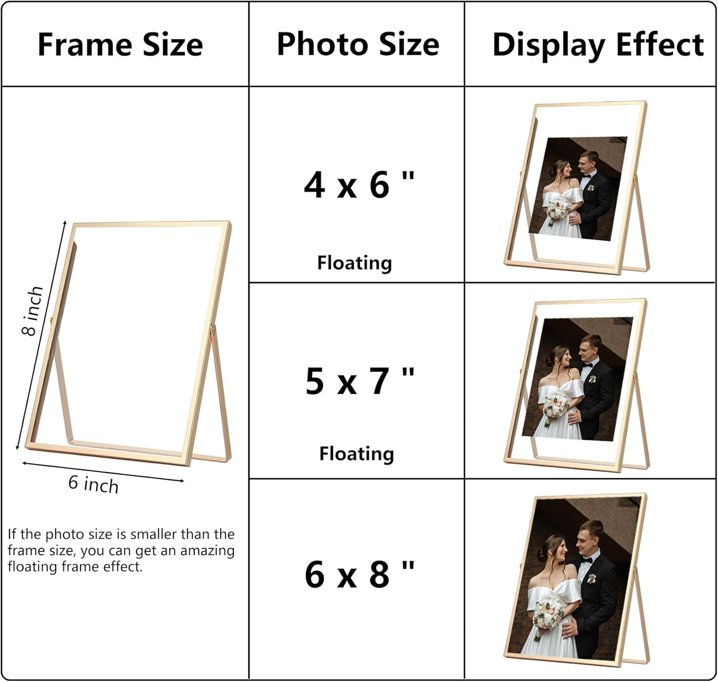 Gold 6x8''Floating Frame Set of 2,For Photo Sizes (3.5x5''4x6''5x7''),Metal Frames for Tabletop/Shelf Display,Classy Gift Choice for Wedding,Birthady,Home or Office Decor