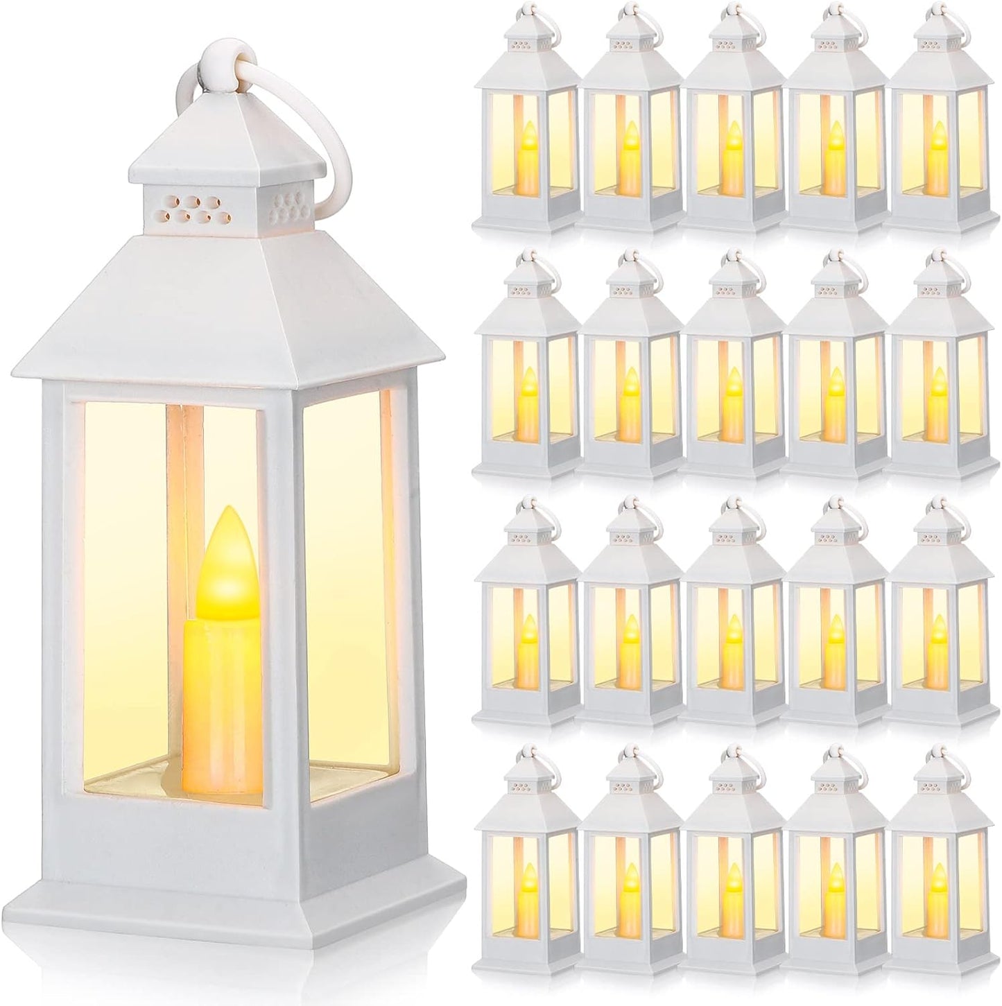 Hoolerry 24 Set Halloween Mini Lanterns with LED Candles 5.5'' Decorative Hanging Small Vintage Lantern Centerpiece Battery Powered for Wedding Table(White)