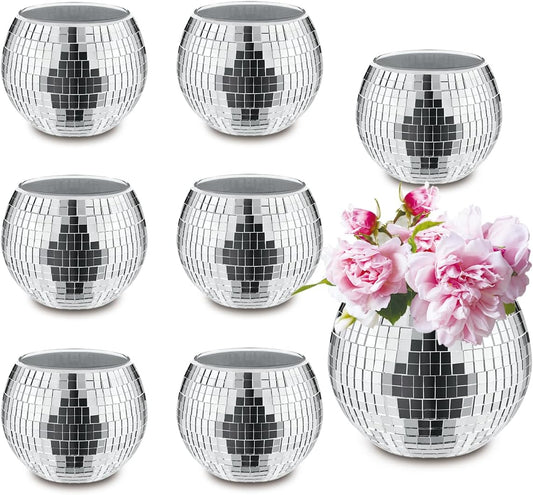 8 PCS Silver Disco Ball Vase,Glass Disco Ball Planter Candle Holder Vase Bulk Mirror Disco Ball Flower Vase for Wedding Centerpieces,Birthday,Office,Bedroom
