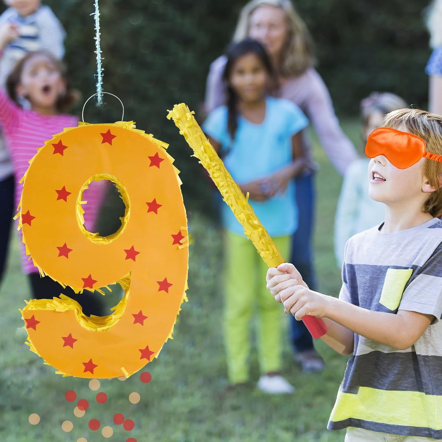 Orange and Red Star Number 9 Pinata, 16 Inch Piñata for 9th Birthday Party Decorations with Stick, Blindfold and Confetti (15.7 inch Number 9 Pinata)