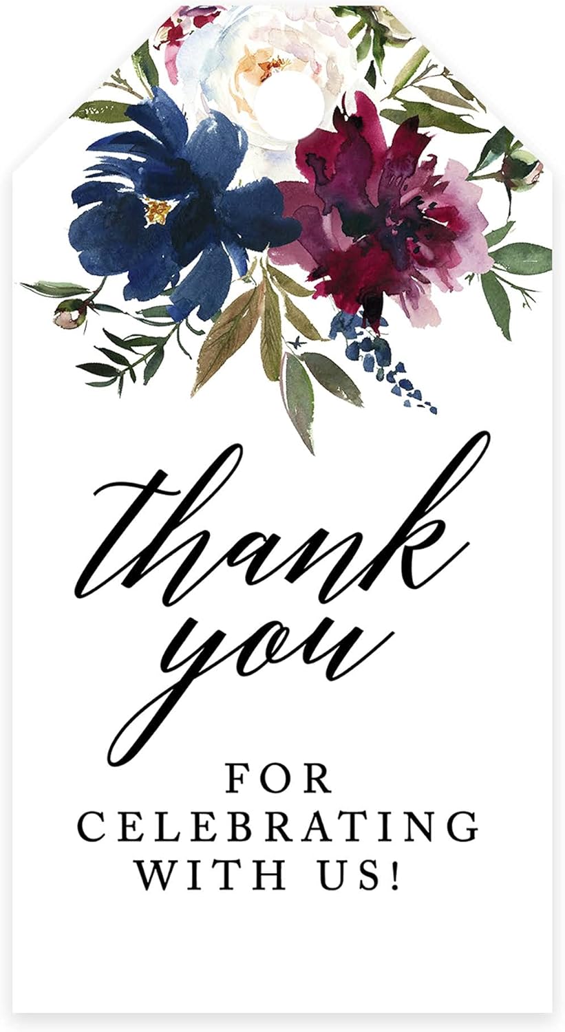Andaz Press 100-Pack Thank You for Celebrating with Us Favor Tags Navy Blue Burgundy Florals Cardstock Gift Tags with Bakers Twine for Wedding Baby Shower Bridal Shower Party Favors 2 x 3.75-Inches