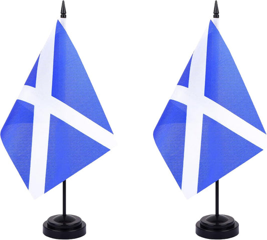 Scotland Desk Flag 12" Solid Pole Deluxe Set Scot Flags Banner Mini Small Scotland Office Table Flags with Black Stand Base Desktop Decorations(2Pack)