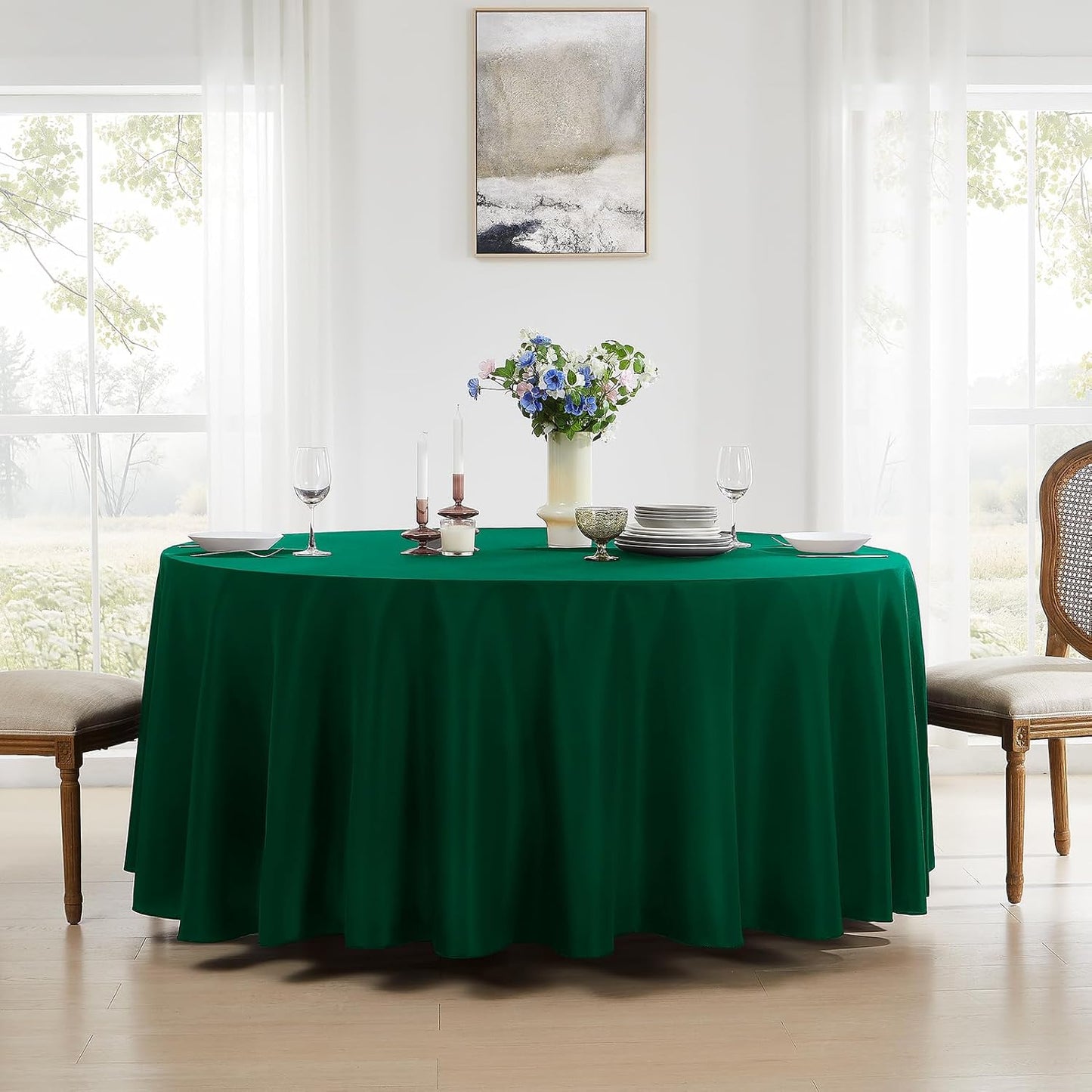 Round Tablecloth 132 Inch 2 Pack Dark Green Tablecloths Washable Decorative Linen Polyester Table Clothes Cover for Dining Table Banquets Buffet Parties and Wedding