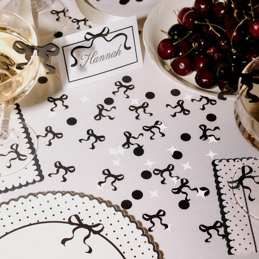 xo, Fetti Black Bow Glitter Confetti - 200 pc | Bachelorette Decorations, Birthday Table Decor, Gothic Party Supplies, Emo Shower Tablescape