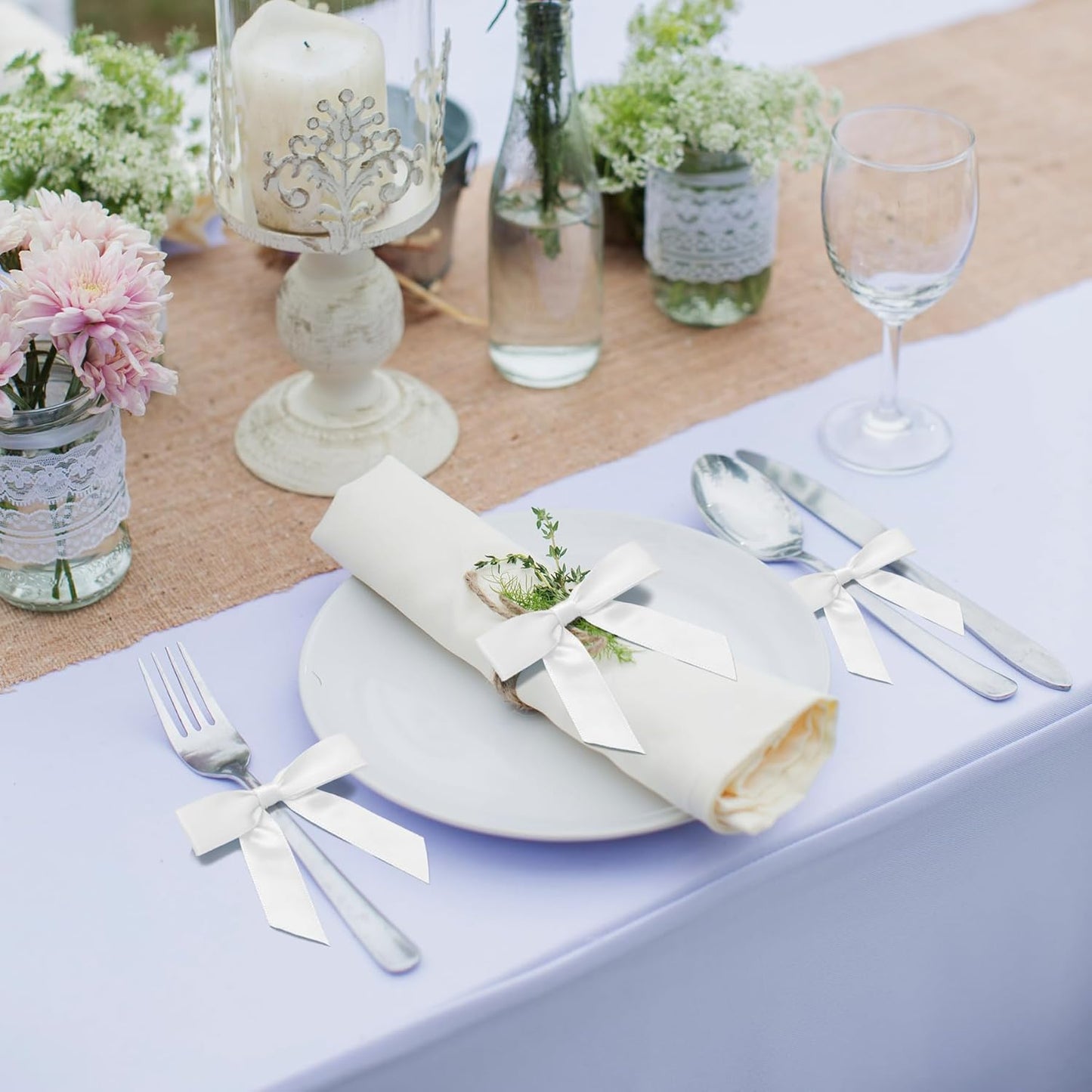 50Pcs White Twist Tie Bows for Gift Wrapping 2.5" Satin Ribbon Bow for Treat Bags Balloons Birthday Party Favors Wedding Decorations