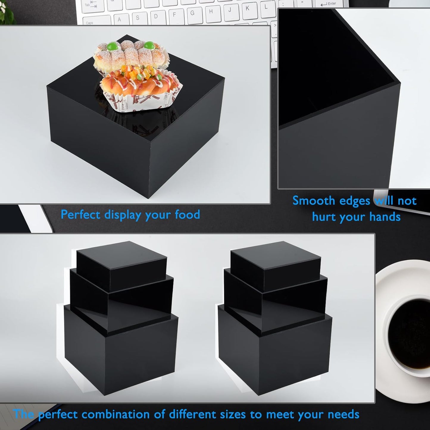 3Pcs Black Buffet Risers Acrylic Boxes Display Food Risers for Buffet Table Platter Parties Weddings Catering Dessert Collectibles Figures Show ( 6''x7''x8'')