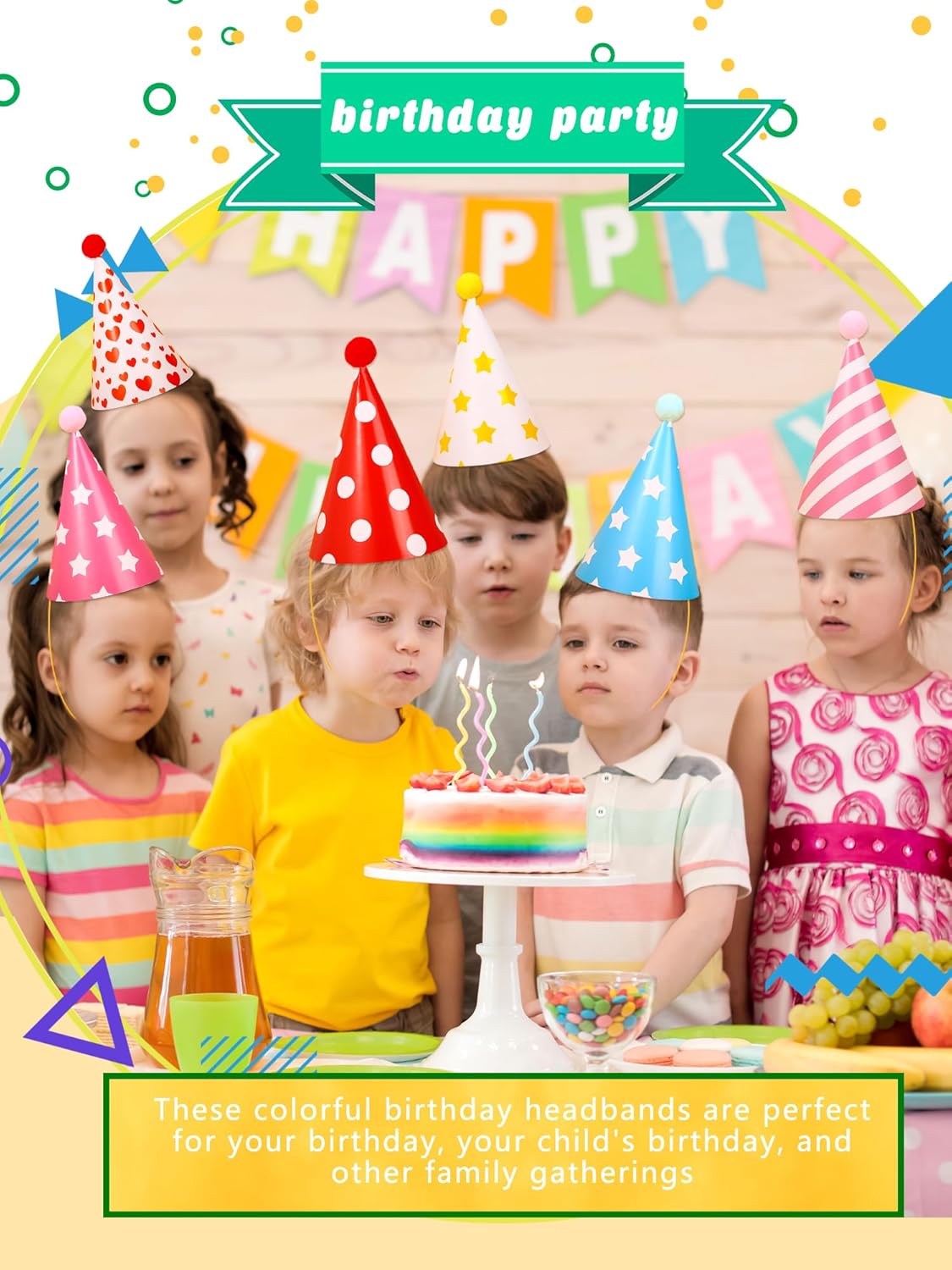 20 Pcs Birthday Party Cone Hats with Pom Poms Assorted Cone Paper Hat for Birthday Christmas New Year Party Supplies, 10 Styles