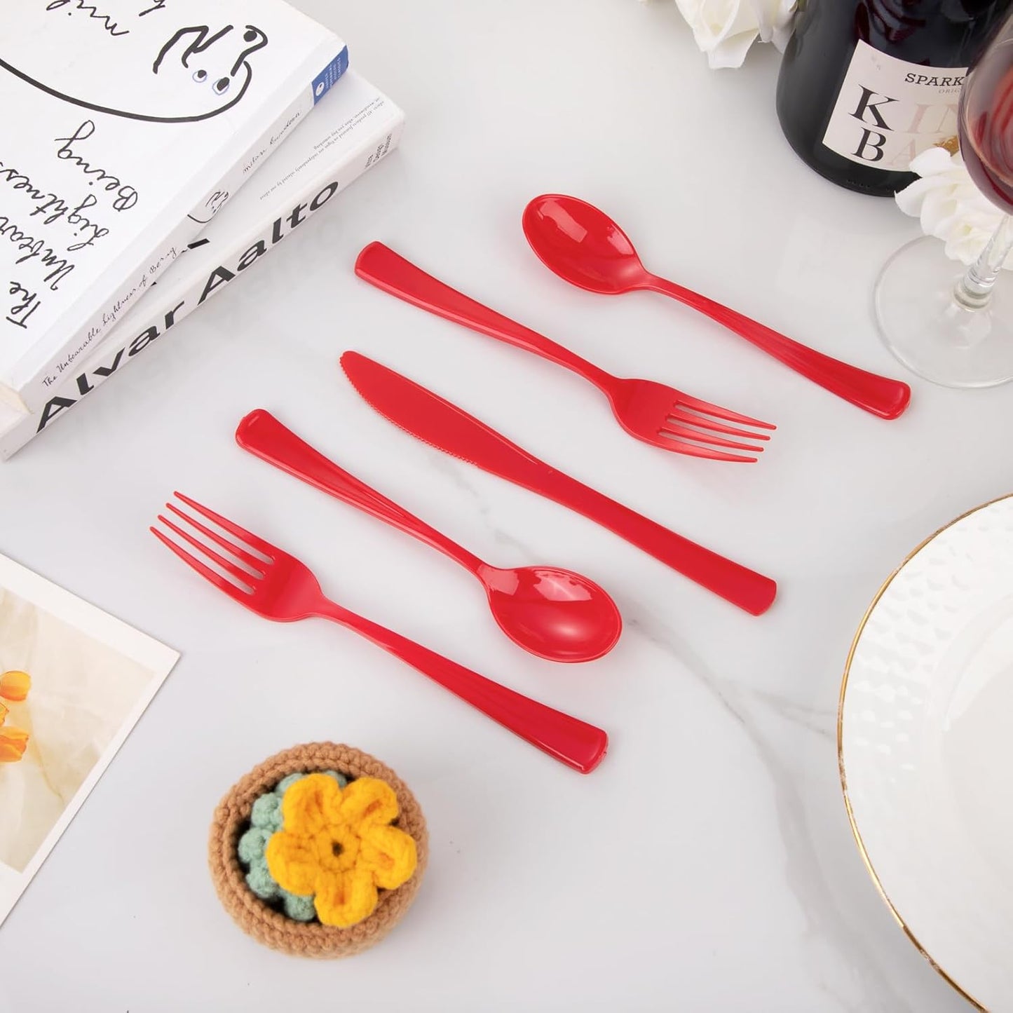 WDF 160 Piece Heavy Duty Silverware - Red Plastic Utensils with 80 Forks, 40 Spoons, 40 Knives - Perfect for Christmas Parties & Daily Use