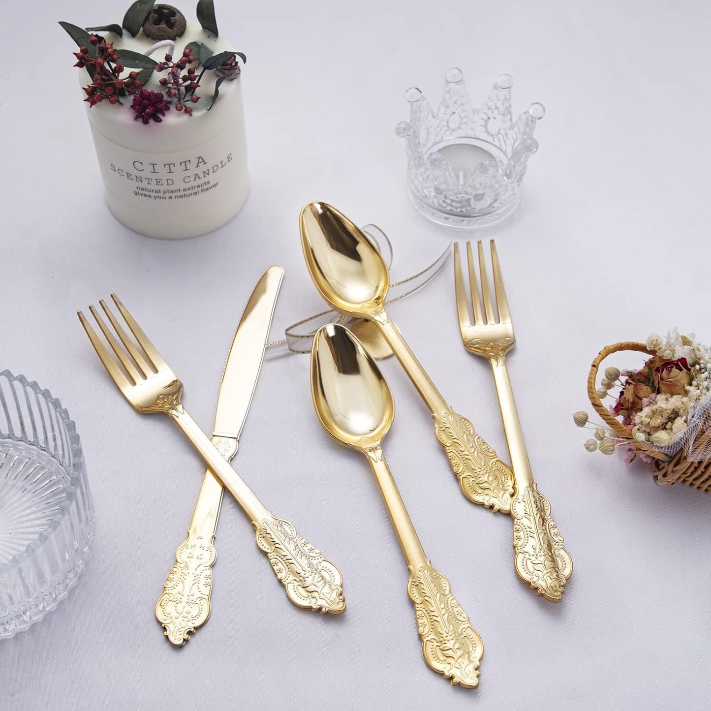 NOCCUR 180PCS Gold Plastic Cutlery Set - Gold Plastic Silverware Disposable - Include 60 Forks, 60 Spoons, 60 Knives - Perfect for Wedding/Fall Party/Thanksgiving