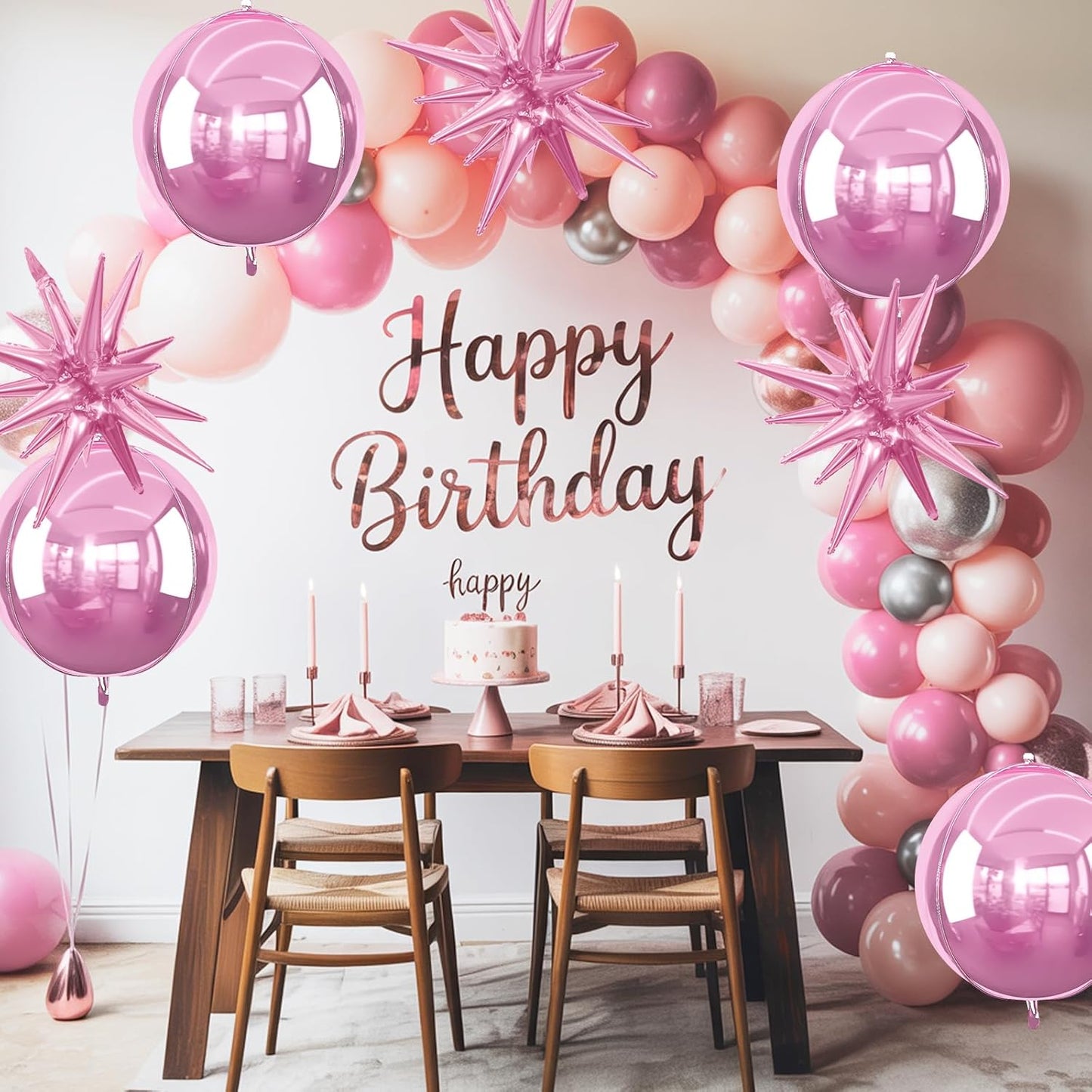 6Pcs Pink Foil Balloons,22Inch Light Pink 4D Round Ball Balloon and Explosion Star Balloon for Birthday Wedding Baby Shower Anniversary Decorations
