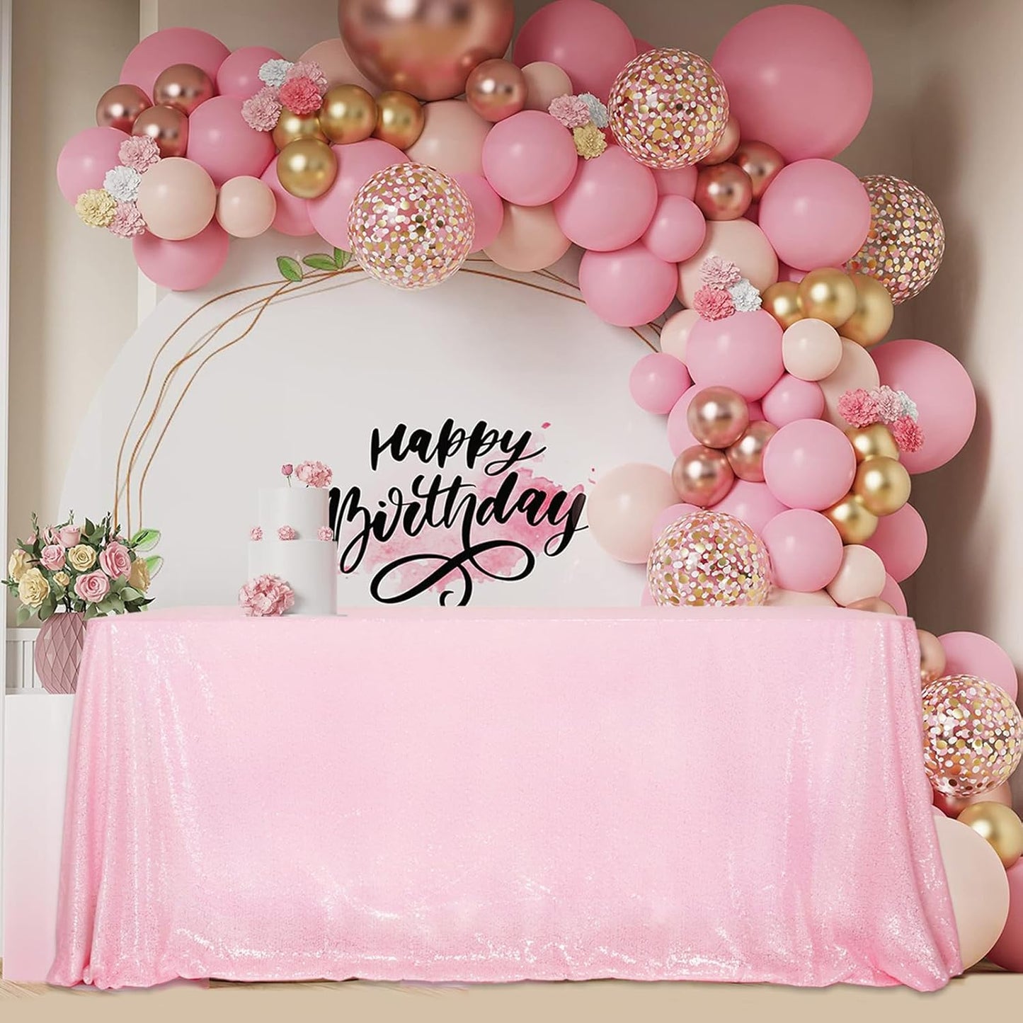 SquarePie Sequin Tablecloth 50 x 72 Inch Pink Sparkly Table Linen for Wedding Party