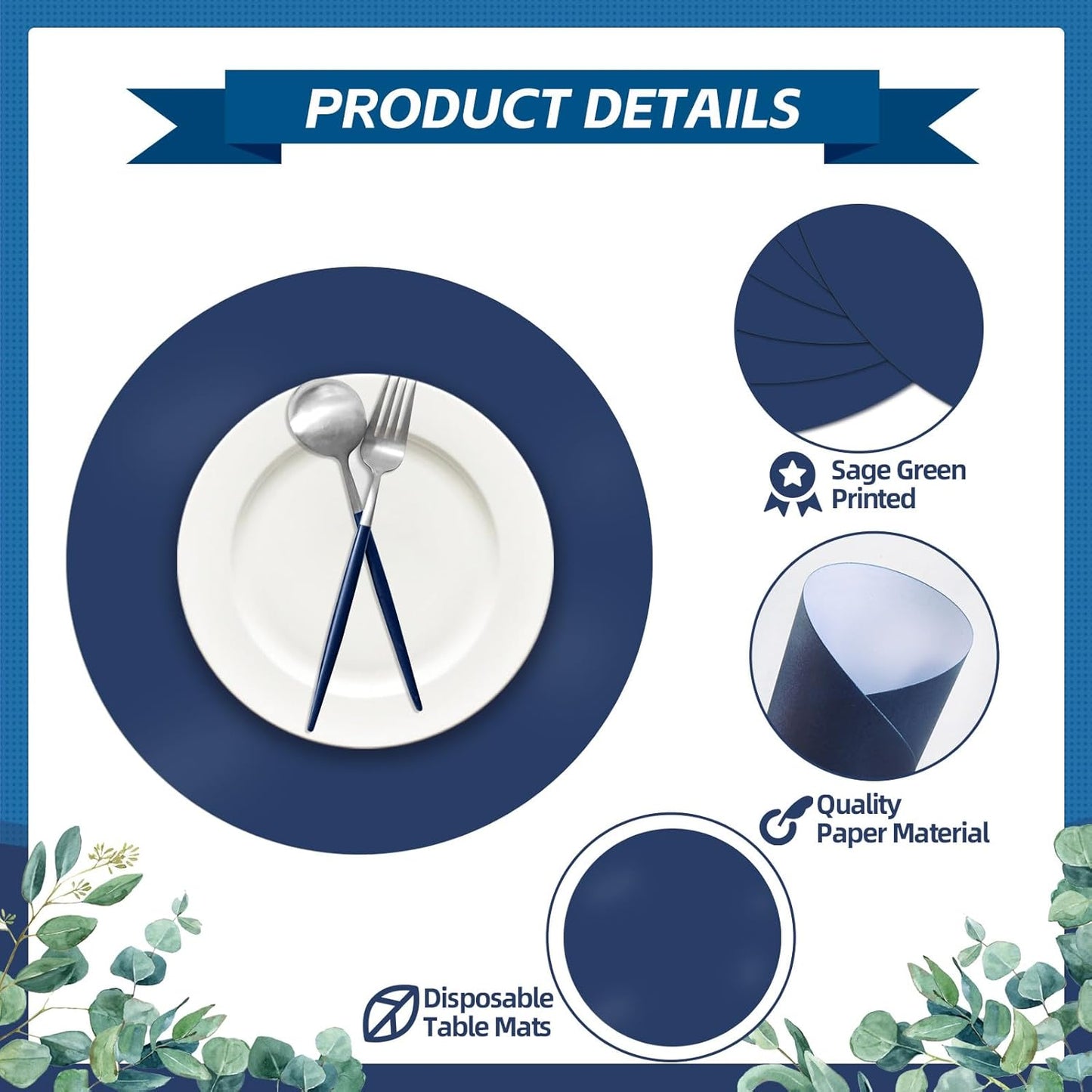 50 Pieces Navy Blue Paper Place Mats Blue Round Disposable Table Mats Decorative Placemats for Wedding Bridal Shower Navy Blue Birthday Party Dining Decor