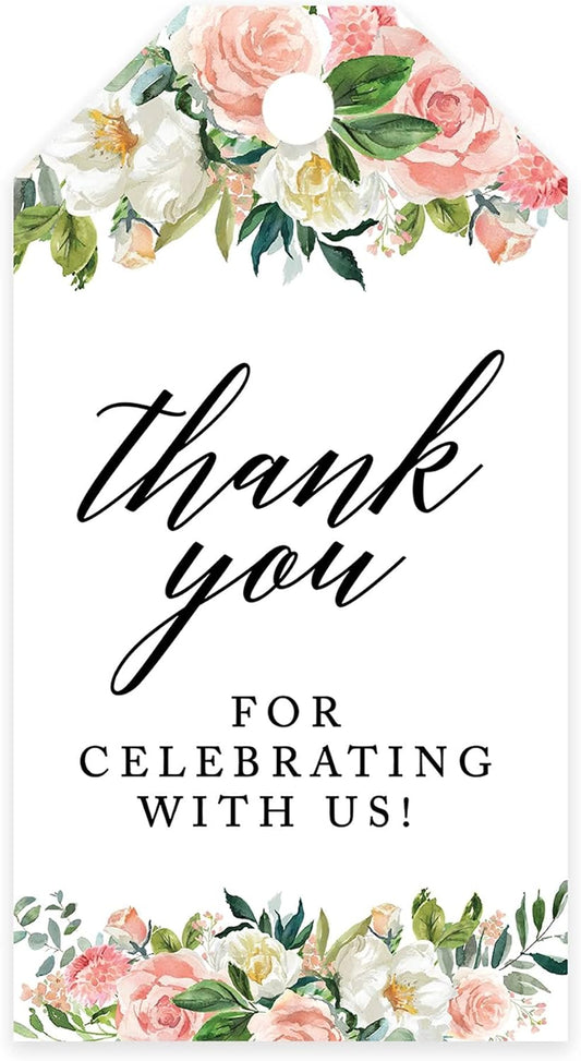 Andaz Press 100-Pack Thank You for Celebrating with Us Favor Tags Peach Coral Floral Garden Cardstock Gift Tags with Bakers Twine for Wedding Baby Shower Bridal Shower Party Favors 2 x 3.75-Inches