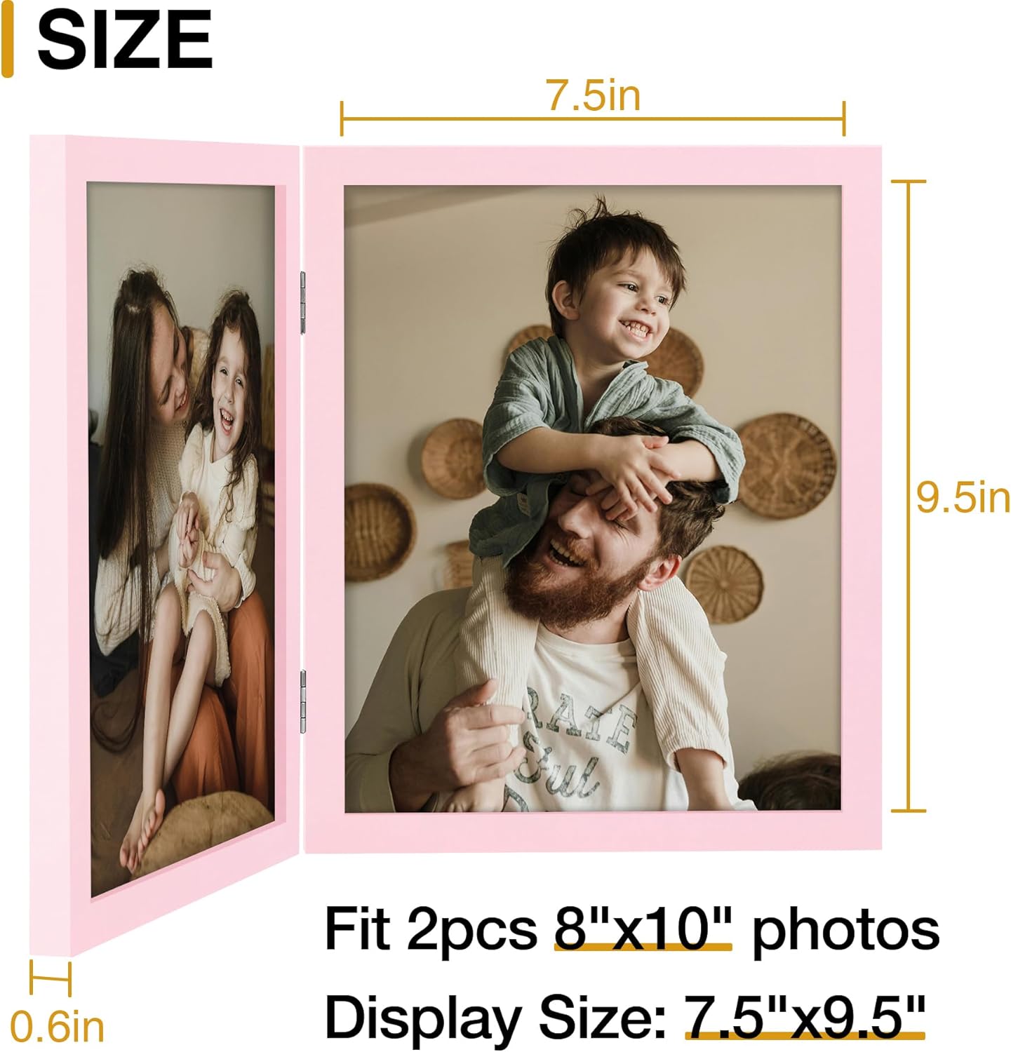 decorUhome Double 8X10 Picture Frame Vertical, Engineered Wood Bifold Photo Frame with Plexiglass for Tabletop Display, 8X10, Pink