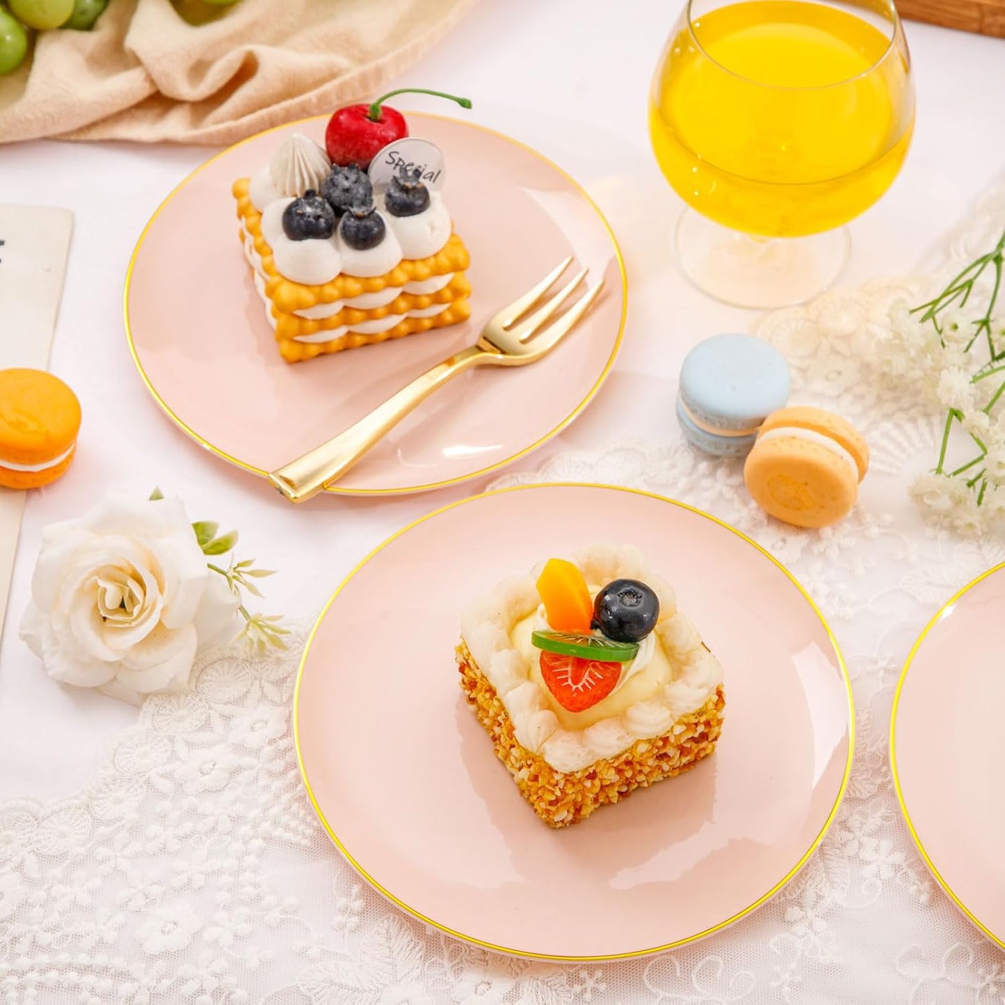 Festiva 200Pcs Pink Gold Cake Plates 6.3" with Forks 5"- Disposable Salad Plates-Pink Dessert Plates-Appetizer Plastic Plates - include 100Plates 100Forks for Party&Wedding&Easter&Mother's Day