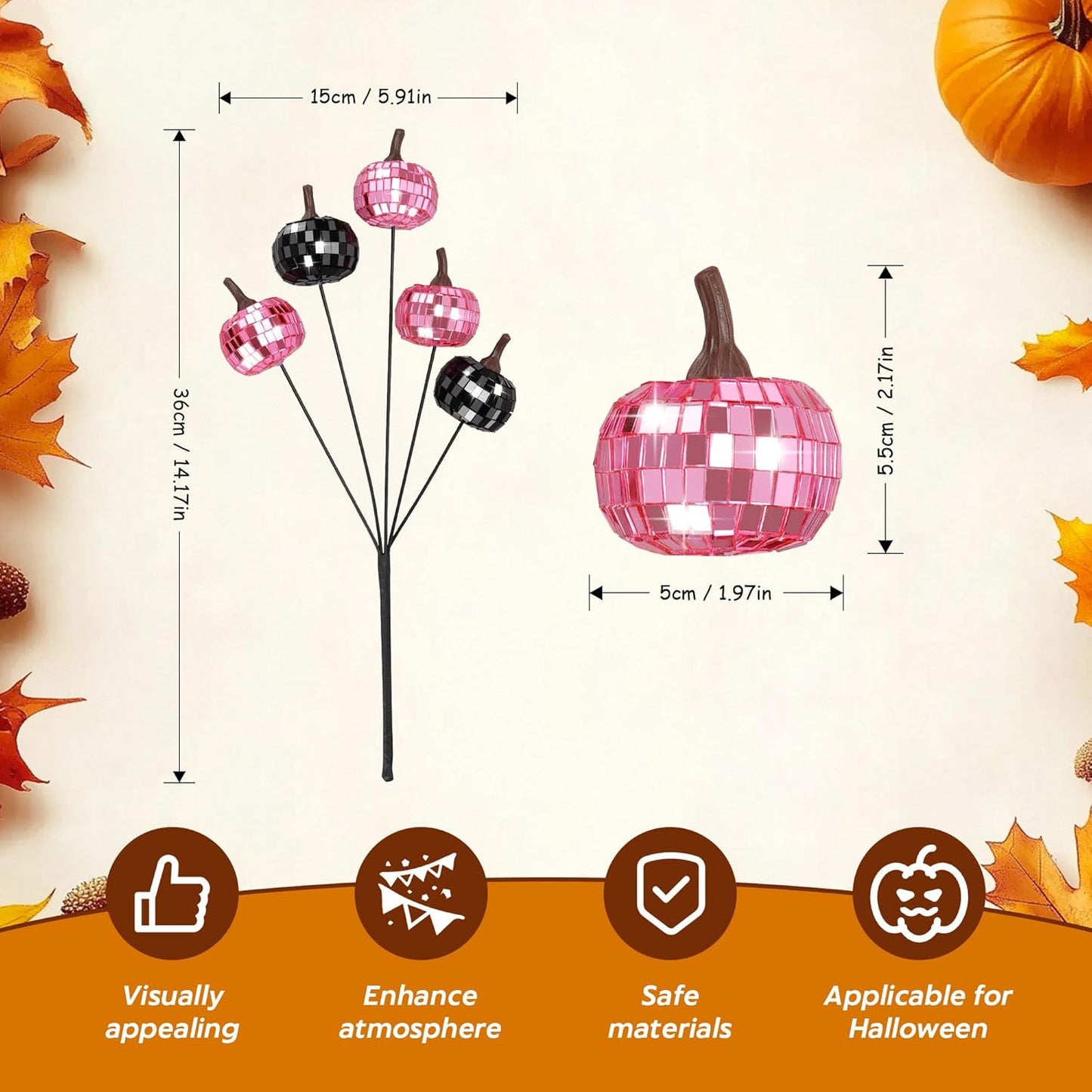 20Pcs Disco Halloween Decor, Disco Pumpkin Table Decoration, 14 Inch Artificial Glitter Mirror Pumpkin Sticks Ornament Halloween Branches for Table Centerpiece Party Decor