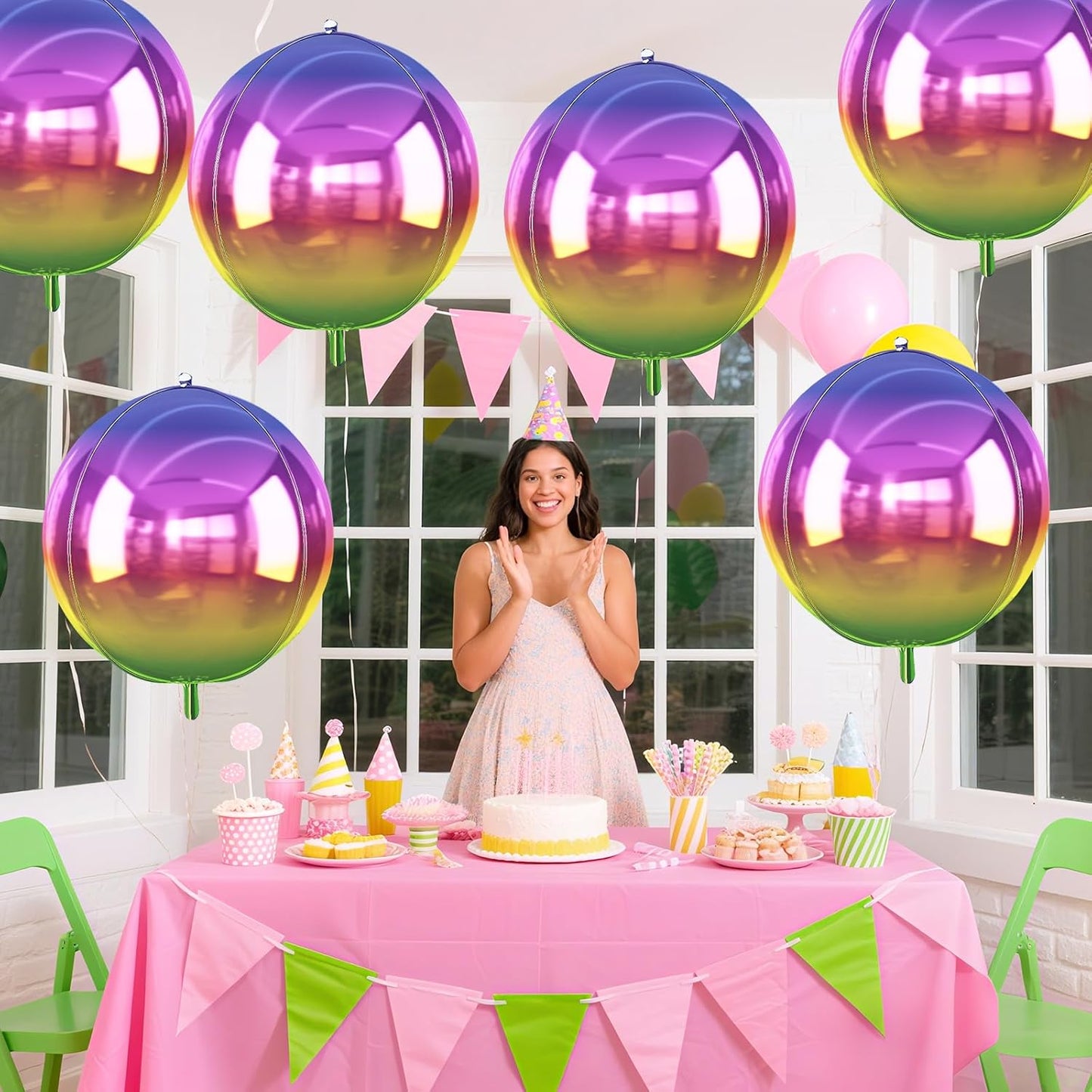 6Pcs Gradient Rainbow Round Foil Balloons, 22" Large Helium Colorful Ball Balloon, Metallic Multicolor Iridescent Mylar Balloon for Birthday Graduation Wedding Anniversary Disco Prom Party Decorations