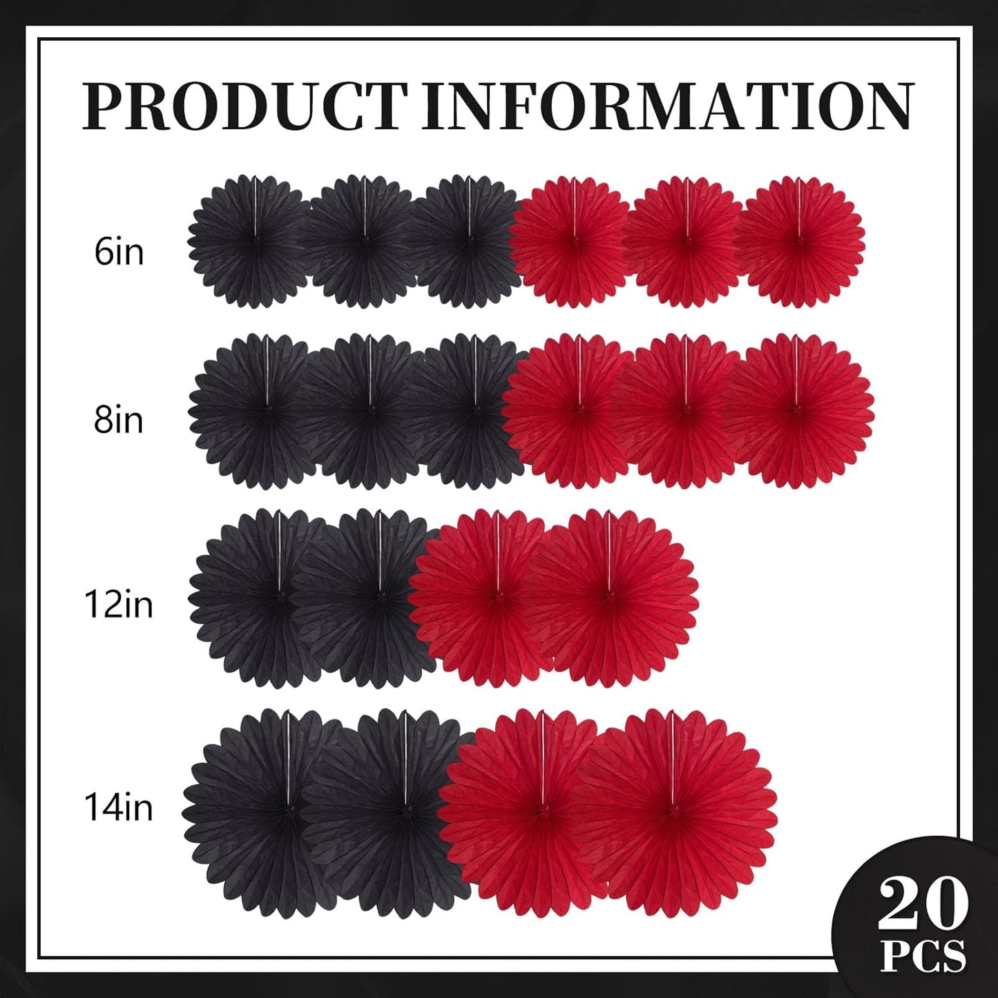 20 Pcs Black Red Hanging Paper Fan, Hanging Honeycomb Round Paper Fans for Weddings, Birthdays, Christmas, Baby Showers, Classroom, Events Ceiling Party Supplies Decorations