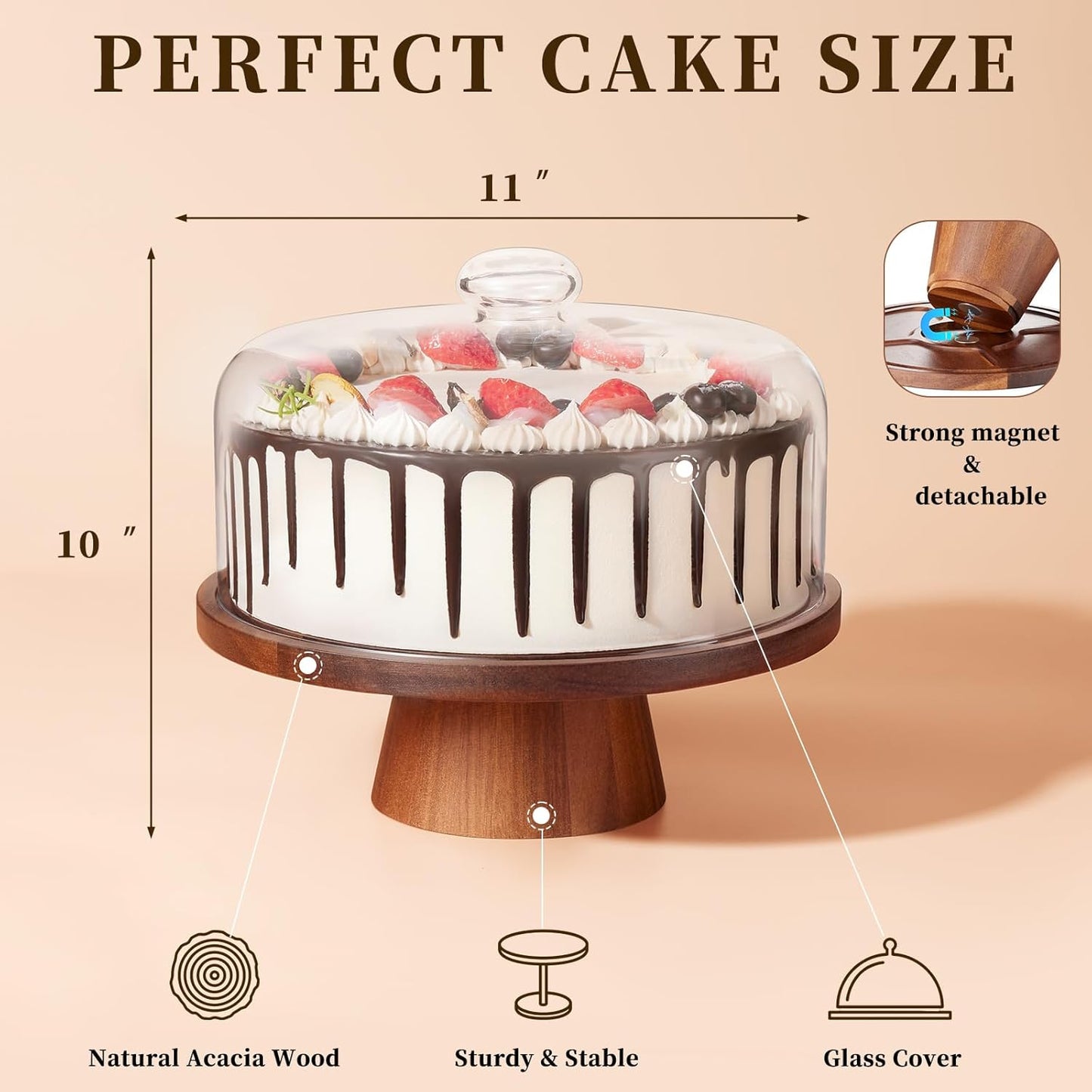 Wooden Cake Stand with Lid, Acacia Cake Stand with Glass Dome, 11-Inch Versatile Dessert Stand with Strong Magnetic Pedestal, Cake Holder for Birthday/Kitchen/Party/Charcuterie