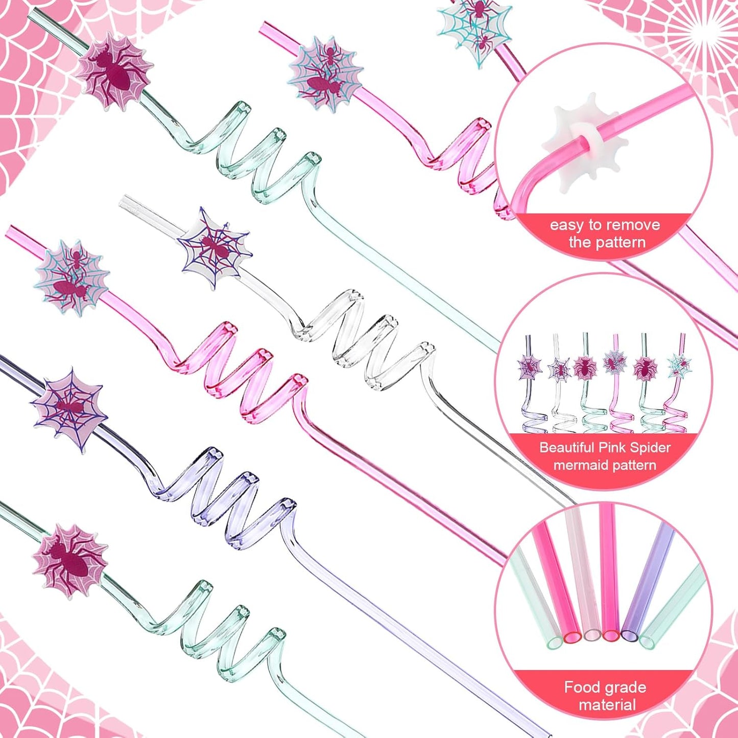 Yungyan 24 Sets Pink Spider Party Favors Goodie Cups with Lids and Straws for Halloween Party Decorations Reusable 16oz Plastic Candy Cups Plastic Straws for Birthday Gift (Pink Spider)