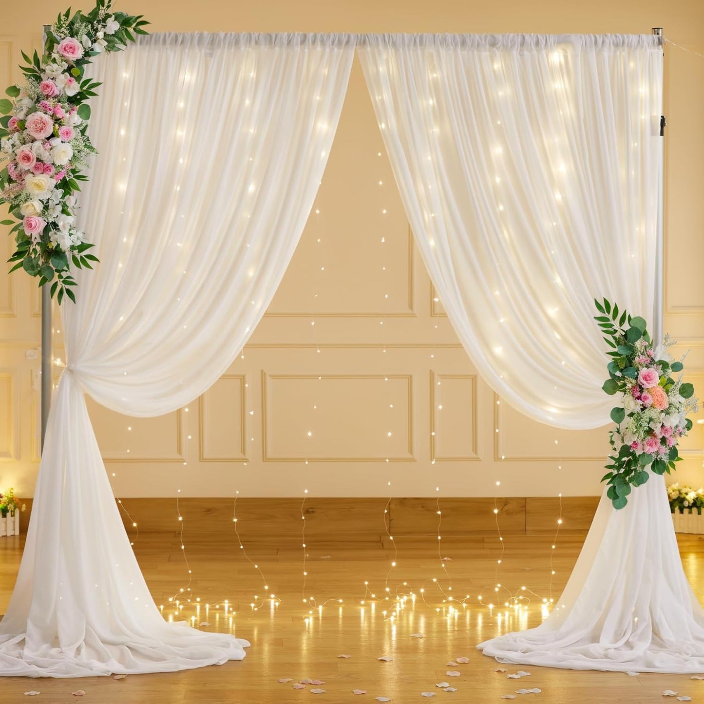 10ft x 7ft Cream White Chiffon Backdrop Curtain with Lights String for Parites Wedding Wrinkle Free Curtain Photo Backdrops Drapes for Baby Shower Birthday Party Home Decorations
