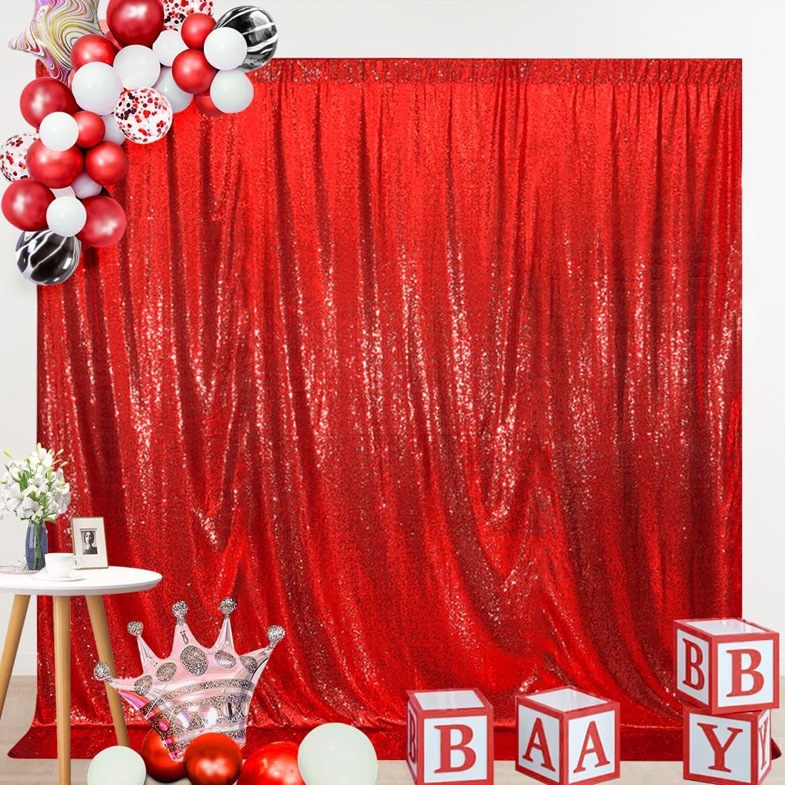 SquarePie Sequin Backdrop Curtain Not See Through Thick Glitter Background for Party 7FT x 7FT Red