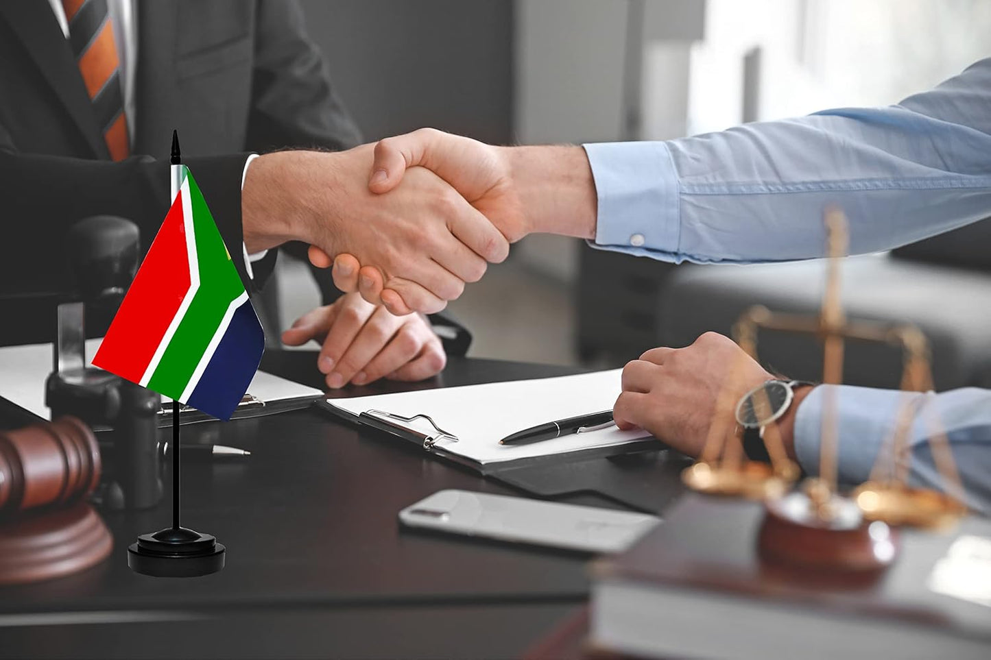 South Africa South African Deluxe Desk Flag Set Small Mini Miniature South Africa South African Table Desktop Flags With Solid Pole, Black Base and Spear Top(2 Pack)