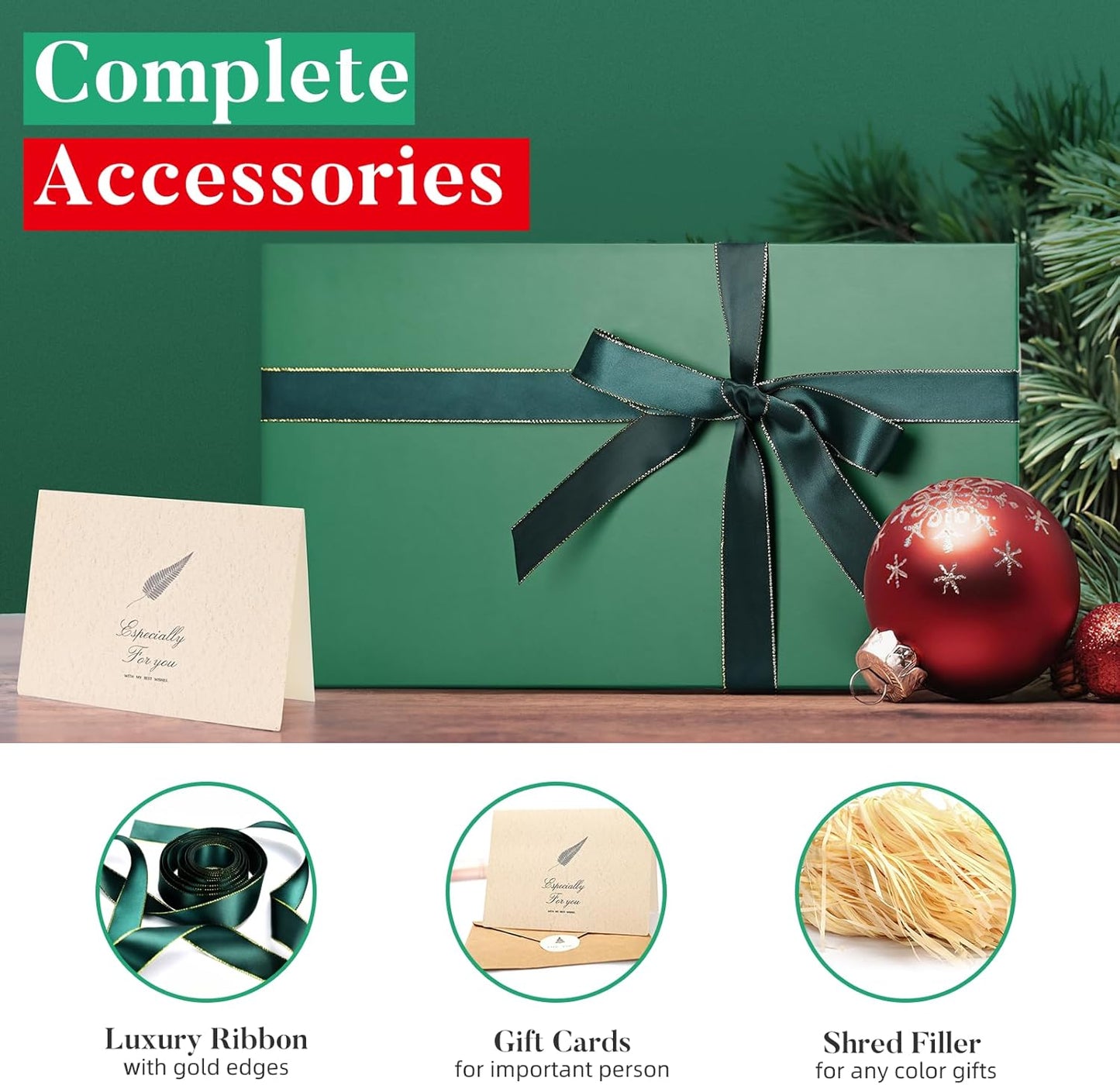 LIFELUM 5 Pack Christmas Gift Boxes Large Green Boxes of Gifts 13.85 x 8.35 x 4.45 inch Gift Boxes Storage Gift Boxes with Strong Magnetic Lid for Presents Contains Card, Ribbon, Filler,Sticker