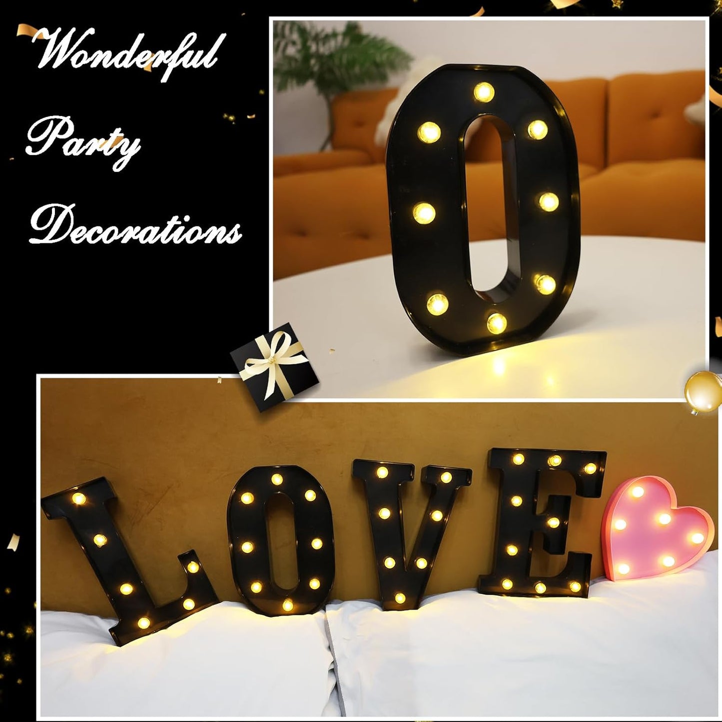 Led Marquee Letters, 8.58 Inch Black Light Up Letters, Small Led Letter Lights, Battery Powered Lighted Letterfor Table, Party, Birthday, Christmas Decor (Black, Letter O)