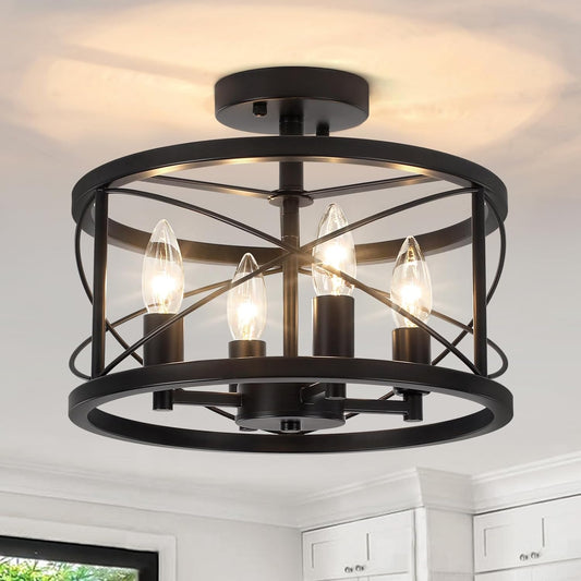 Black Semi Flush Mount Ceiling Light Fixture, 4-Light Farmhouse Modern Ceiling Light, Hallway Light Fixtures, Kitchen Lights, Ceiling Lamp for Entryway Dining Room Bedroom Laundry Lighting UL-Listed