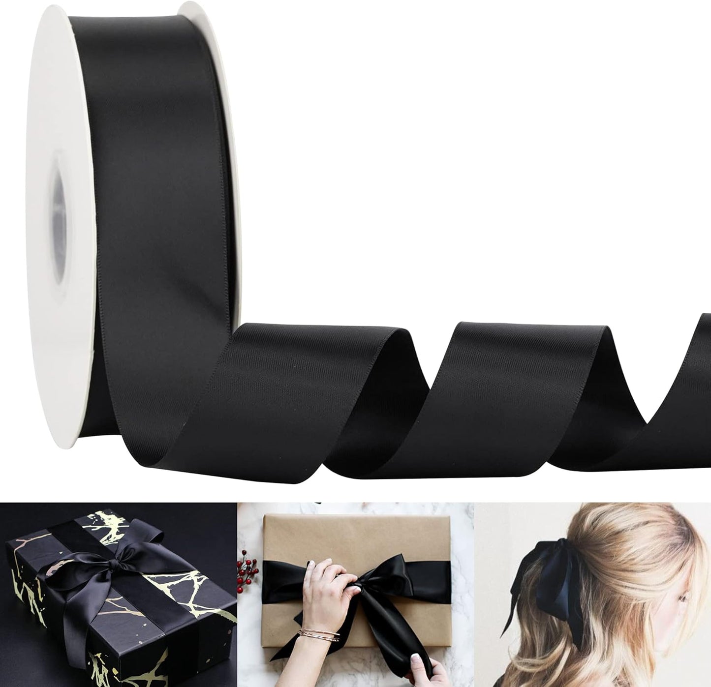 HUIHUANG 1-1/2 inch Double Face Satin Ribbon, Polyester Satin Black Ribbon 50 Yards Per Roll for Gift Wrapping Bows Making Floral Bouquet Wedding Decor Baby Shower Party Favor and Craft Supplies