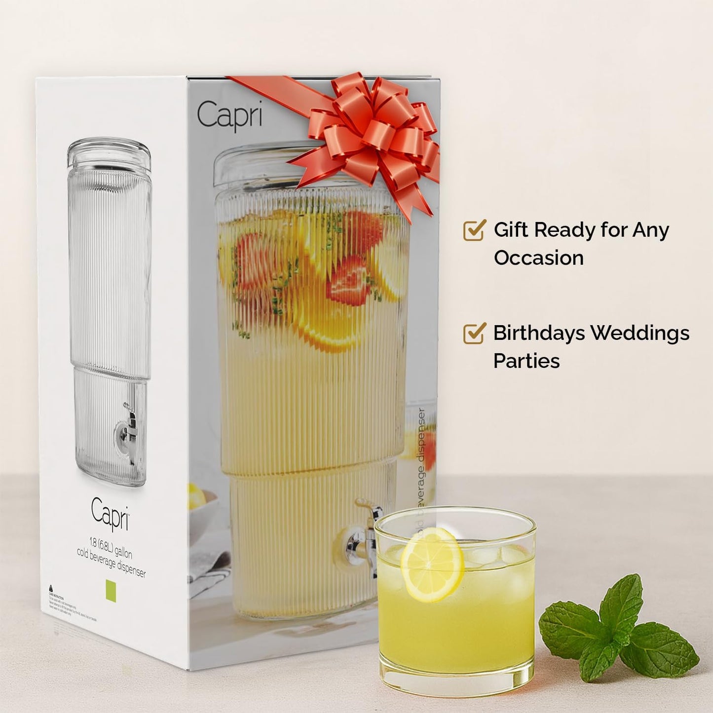 2-PACK Capri Drink Dispenser - Glass Beverage Dispenser, 100% Leakproof Spigot Perfect For Parties And Daily Use Lead-Free Glass, Beautiful Design, 1.8 Gallon